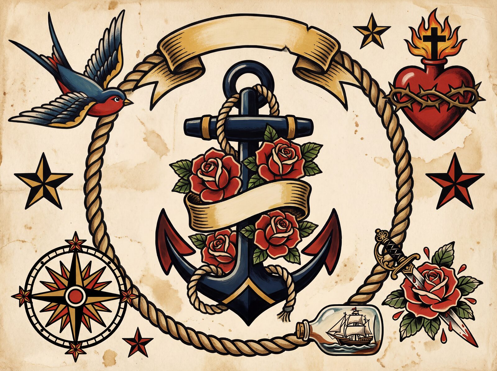 Embrace the defiant romance of Anchor and Rose. Bold tattoo motifs in red, black, and gold on parchment. Made to order.