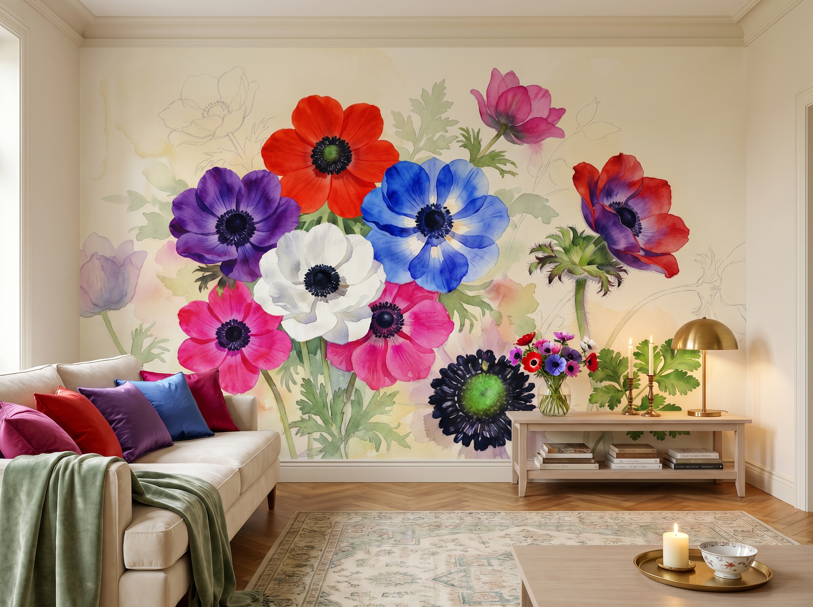 Anemone Study scenic wallpaper mural on the feature wall of an English-country cloakroom, in a verdant green palette — The Wall Shawl.