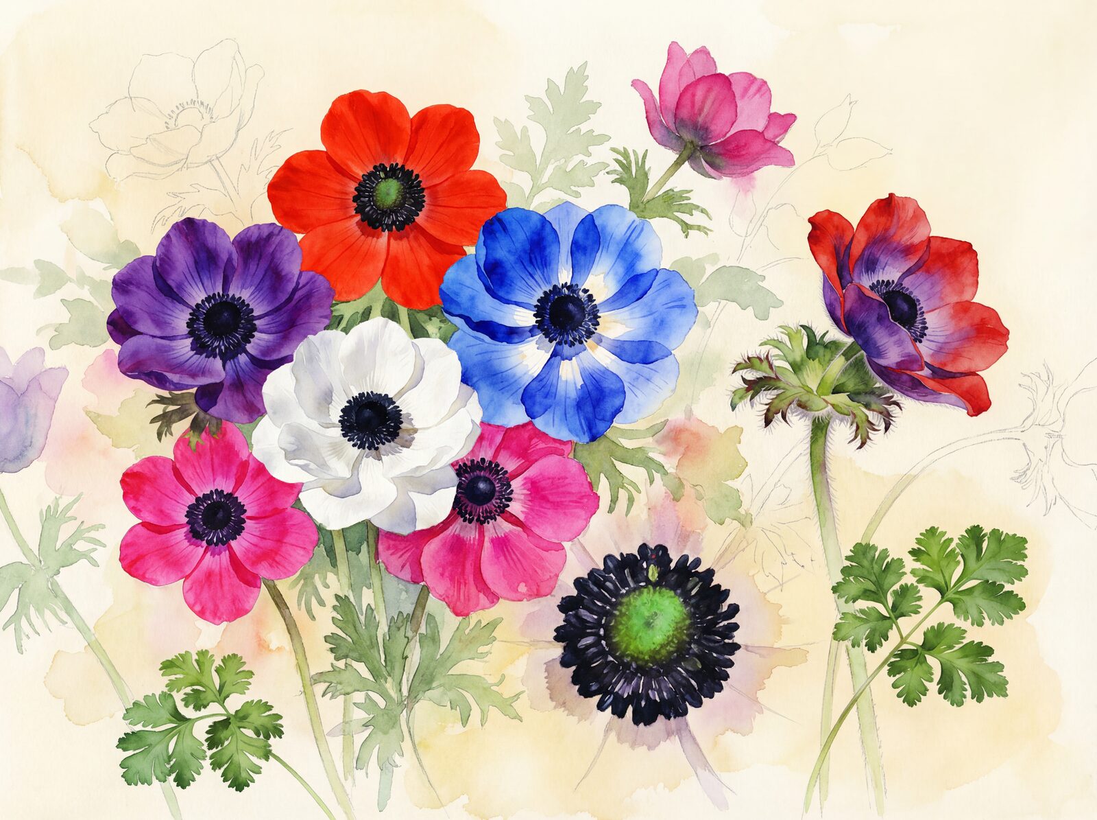 Vivid watercolour anemones in red, purple, blue, pink, and white. Made to order.