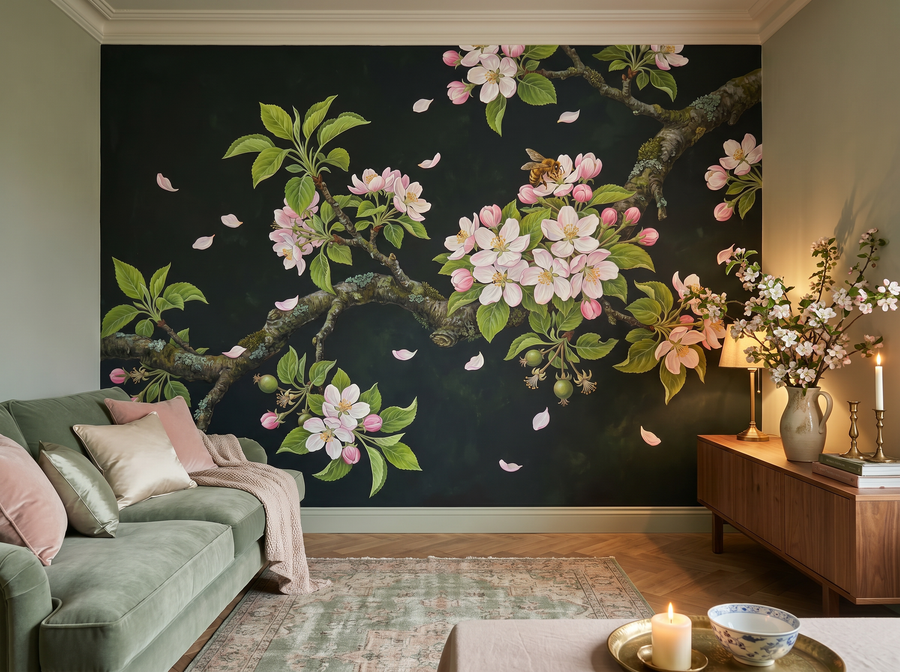 Apple Bough scenic wallpaper mural on the feature wall of an English-country kitchen, in a moody black-and-charcoal palette — The Wall Shawl.