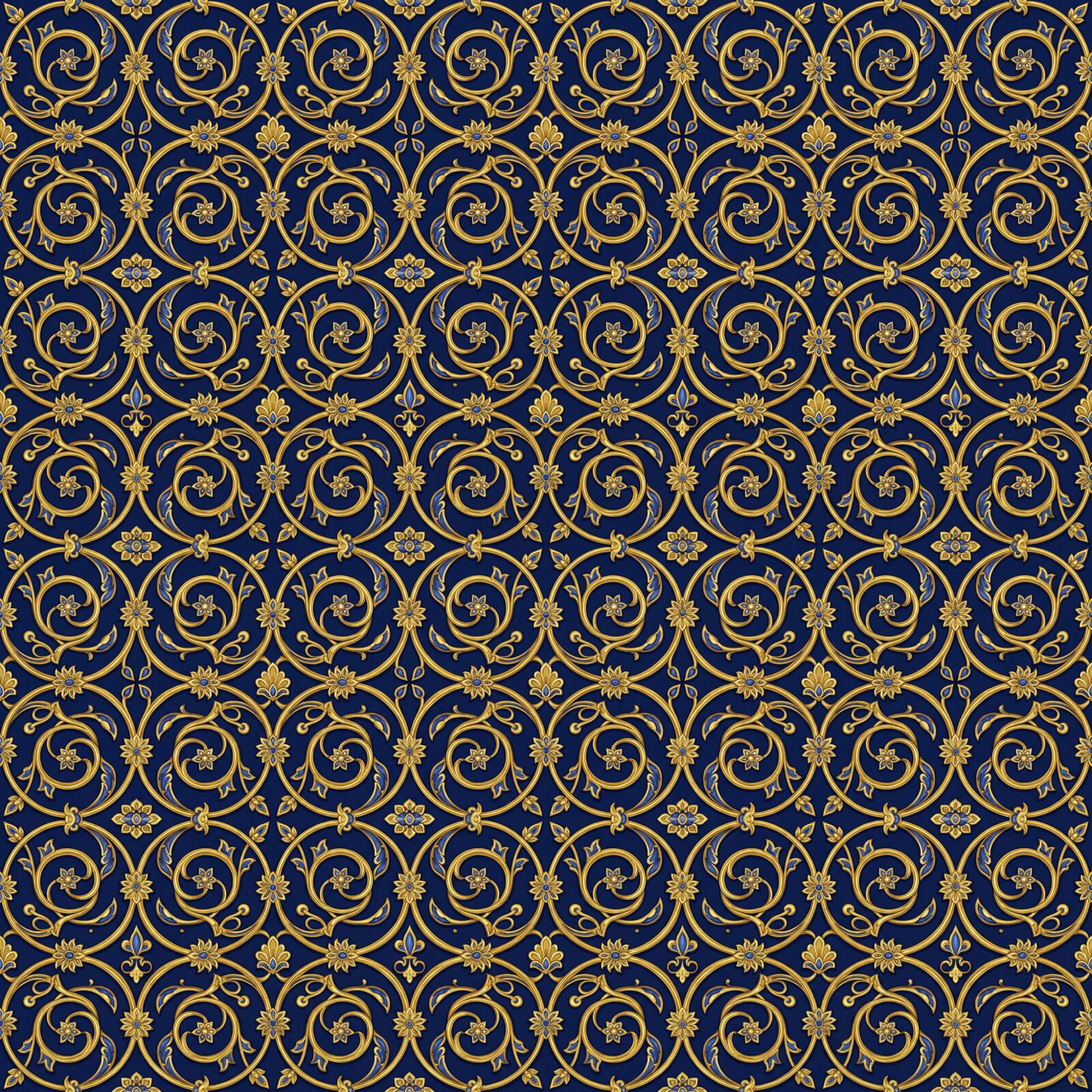 An elaborate Mughal arabesque vine in gold on a deep midnight-blue ground. A luxurious, infinite pattern wallpaper. Made to order.