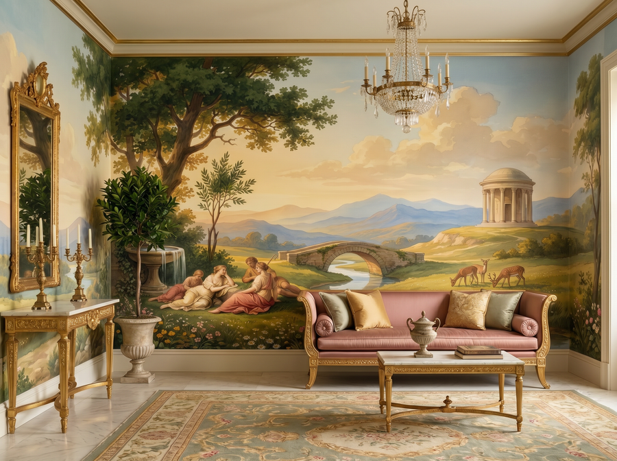 Arcadian Landscape scenic wallpaper mural on the feature wall of an English-country living room, in a soft grey palette — The Wall Shawl.