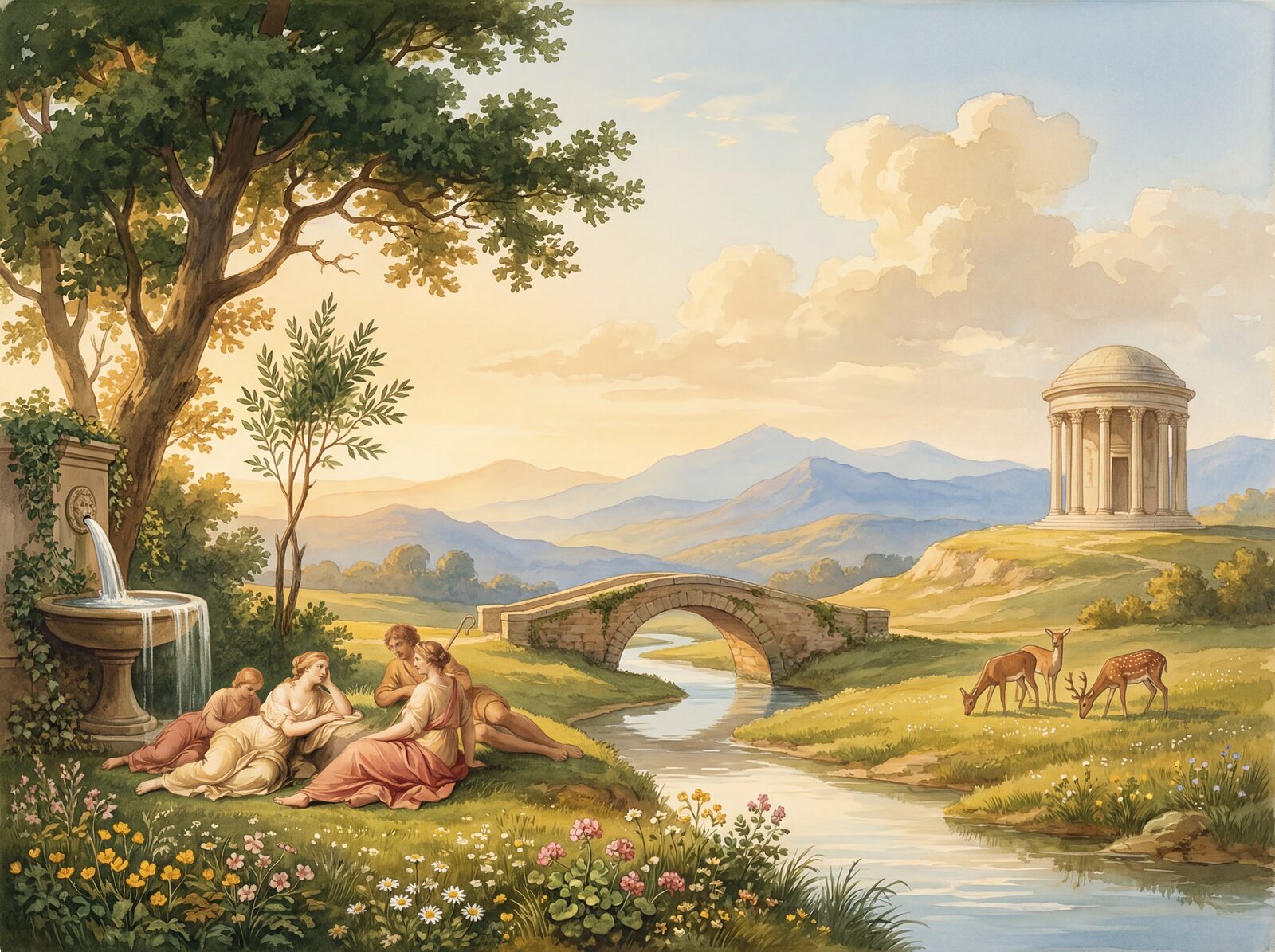 Scenic mural wallpaper in warm gold, deep green, and soft blue. Made to order.