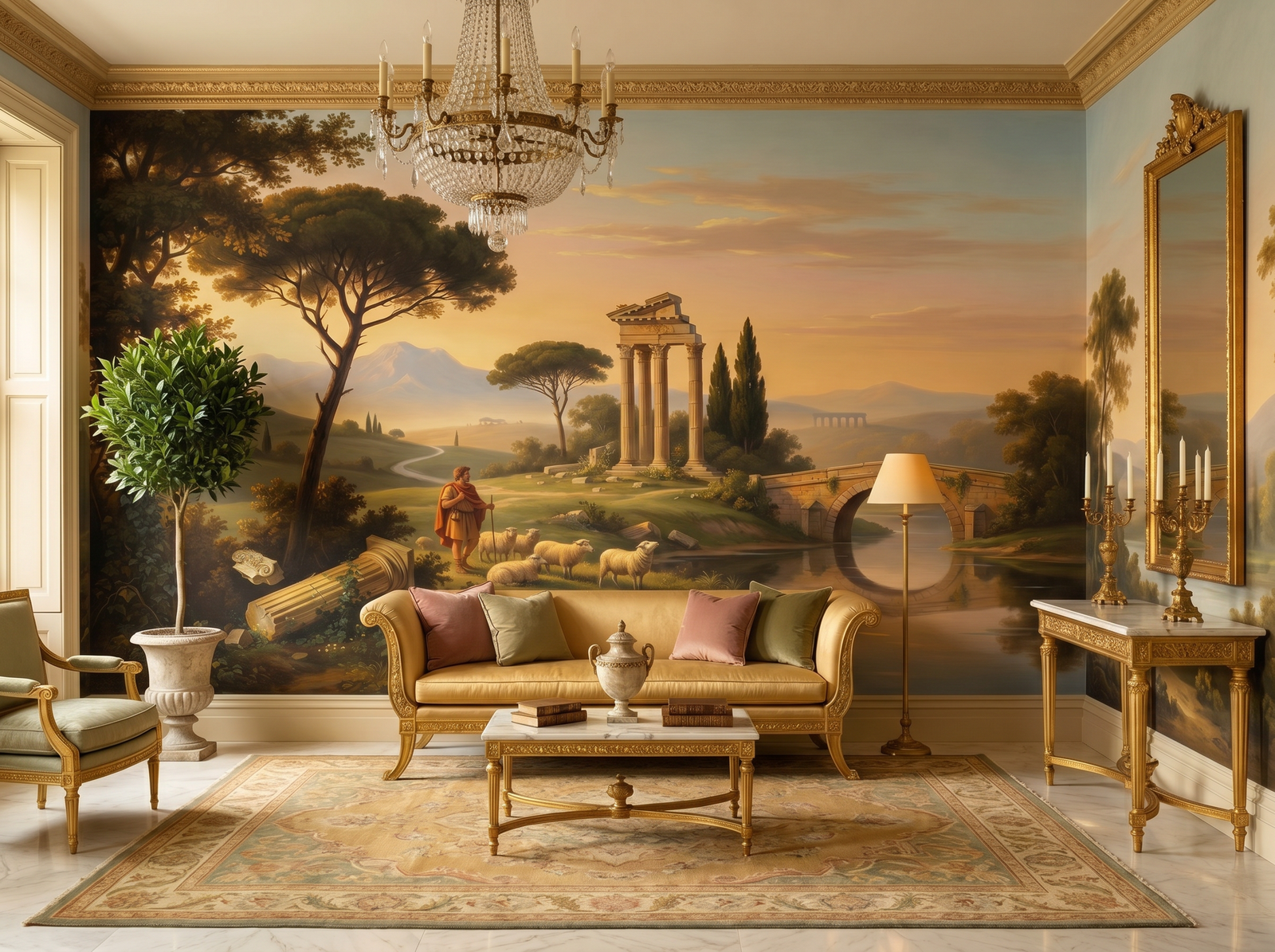 Arcadian Landscape scenic wallpaper mural on the feature wall of a traditional dining room, in a soft grey palette — The Wall Shawl.