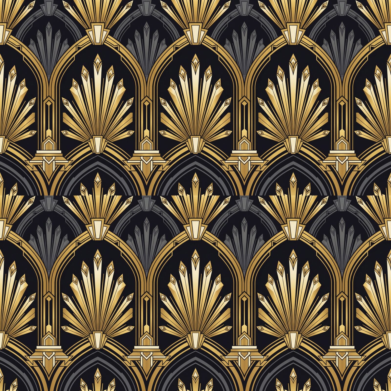 Step into the glamour of 1930s Miami with this Art Deco pattern in obsidian, gold, and pewter. Made to order.