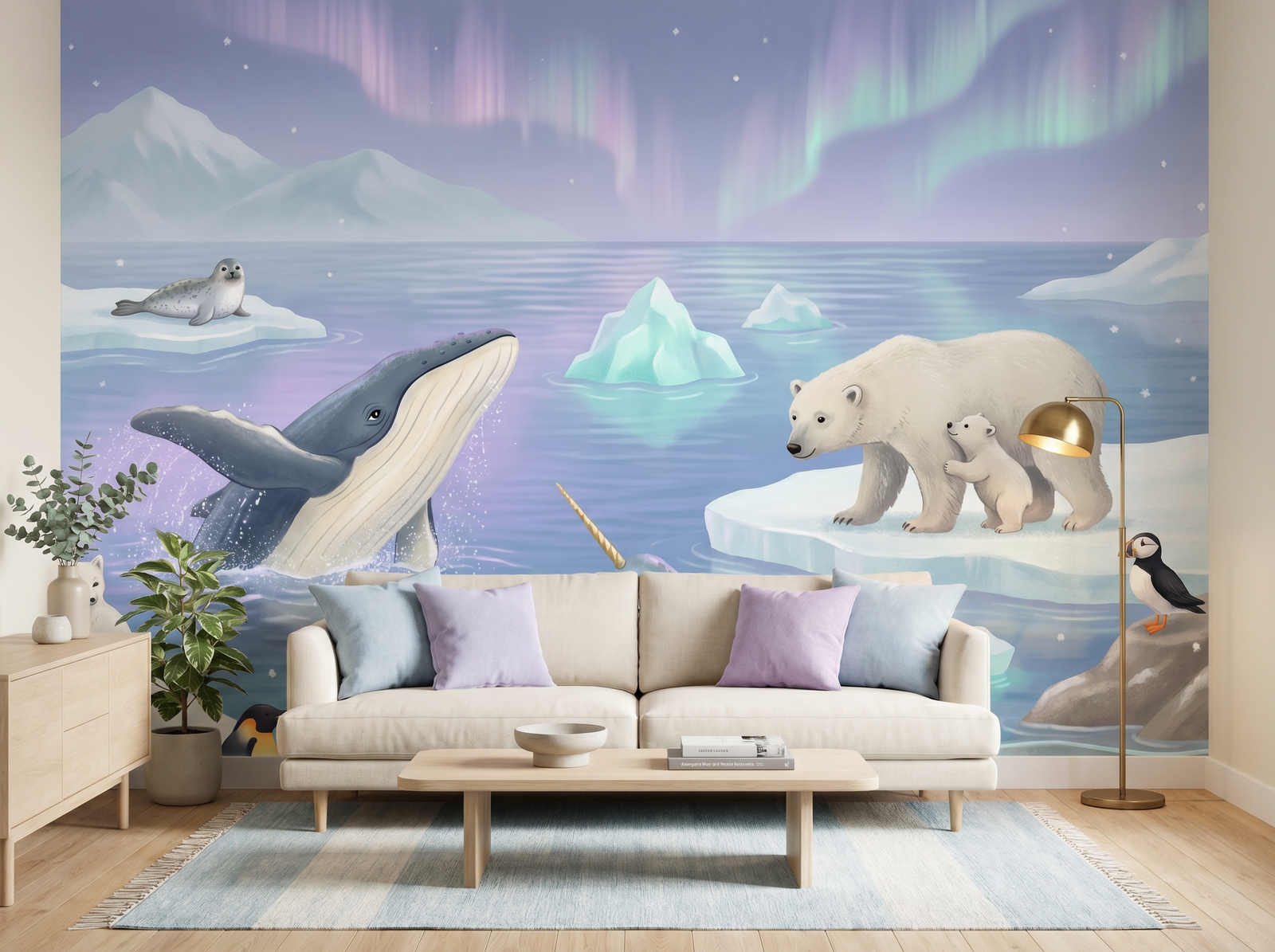 Arctic Ocean Nursery Panorama scenic wallpaper mural on the feature wall of a Scandinavian nursery, in a cool blue palette — The Wall Shawl.