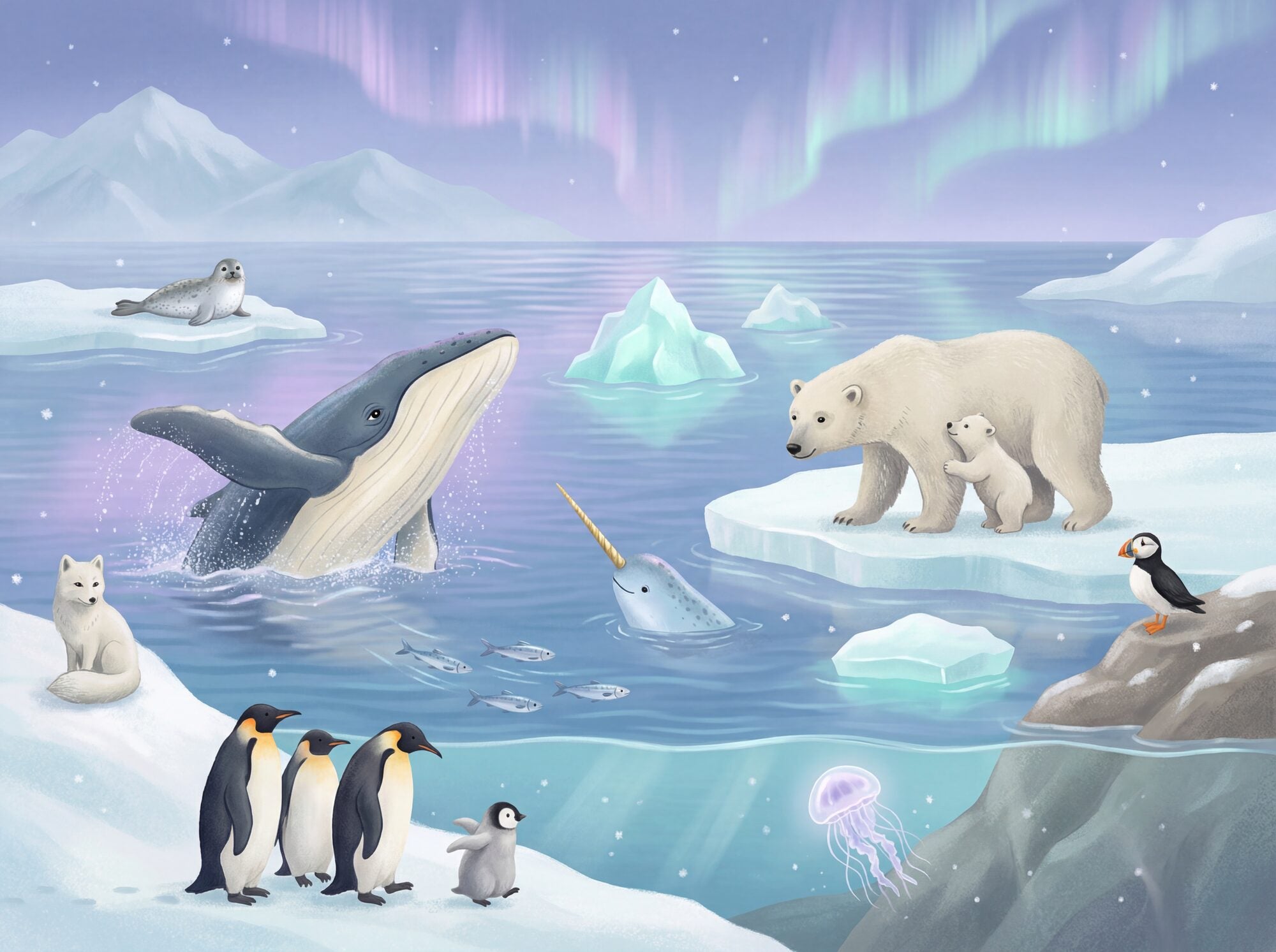 Arctic Ocean nursery mural wallpaper — polar bear mother and cub on an ice shelf, breaching humpback whale, emperor penguins with chick, narwhal, puffin, arctic fox and northern lights in a blue-hour polar panorama