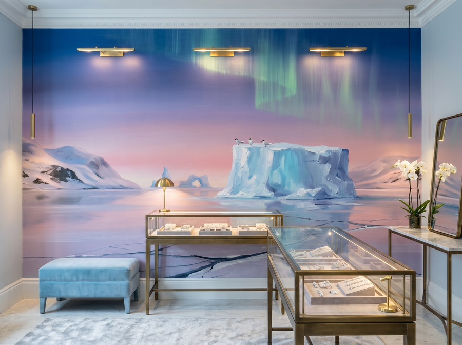 Arctic Sunset scenic wallpaper mural on the feature wall of a Scandinavian bedroom, in a soft pink-and-blush palette — The Wall Shawl.