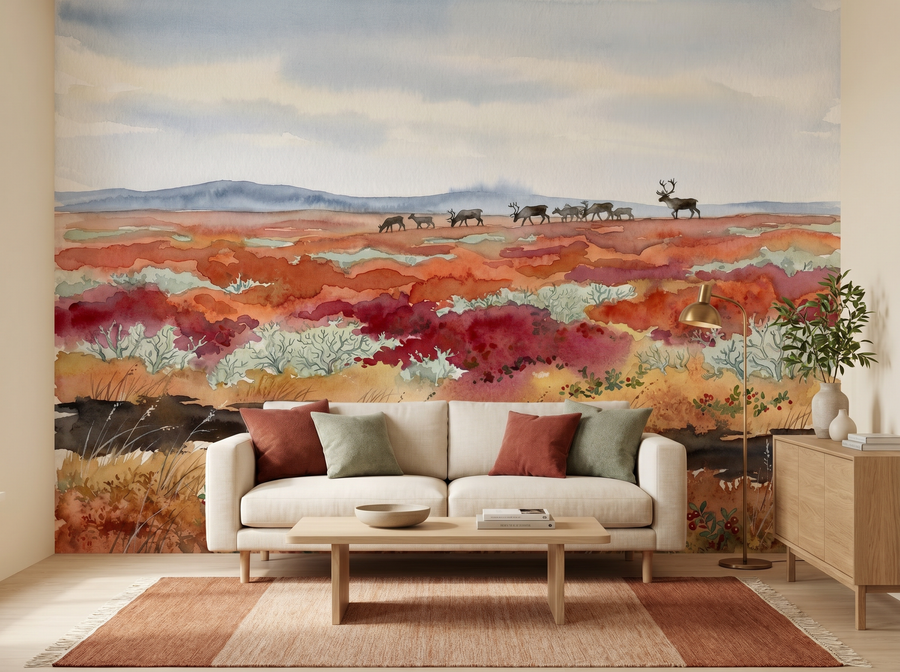 Arctic Tundra scenic wallpaper mural on the feature wall of a Scandinavian living room, in a soft grey palette — The Wall Shawl.