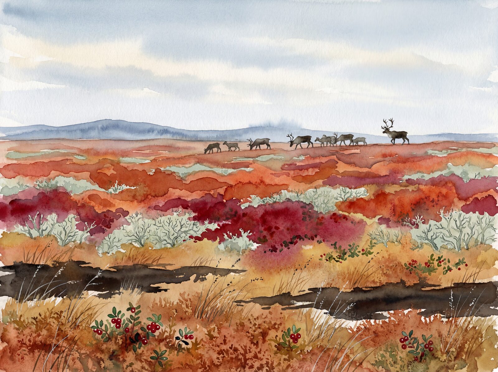 Immersive Arctic tundra scene with Copper Birch, Blueberry Crimson, and Reindeer Lichen hues. Made to order.