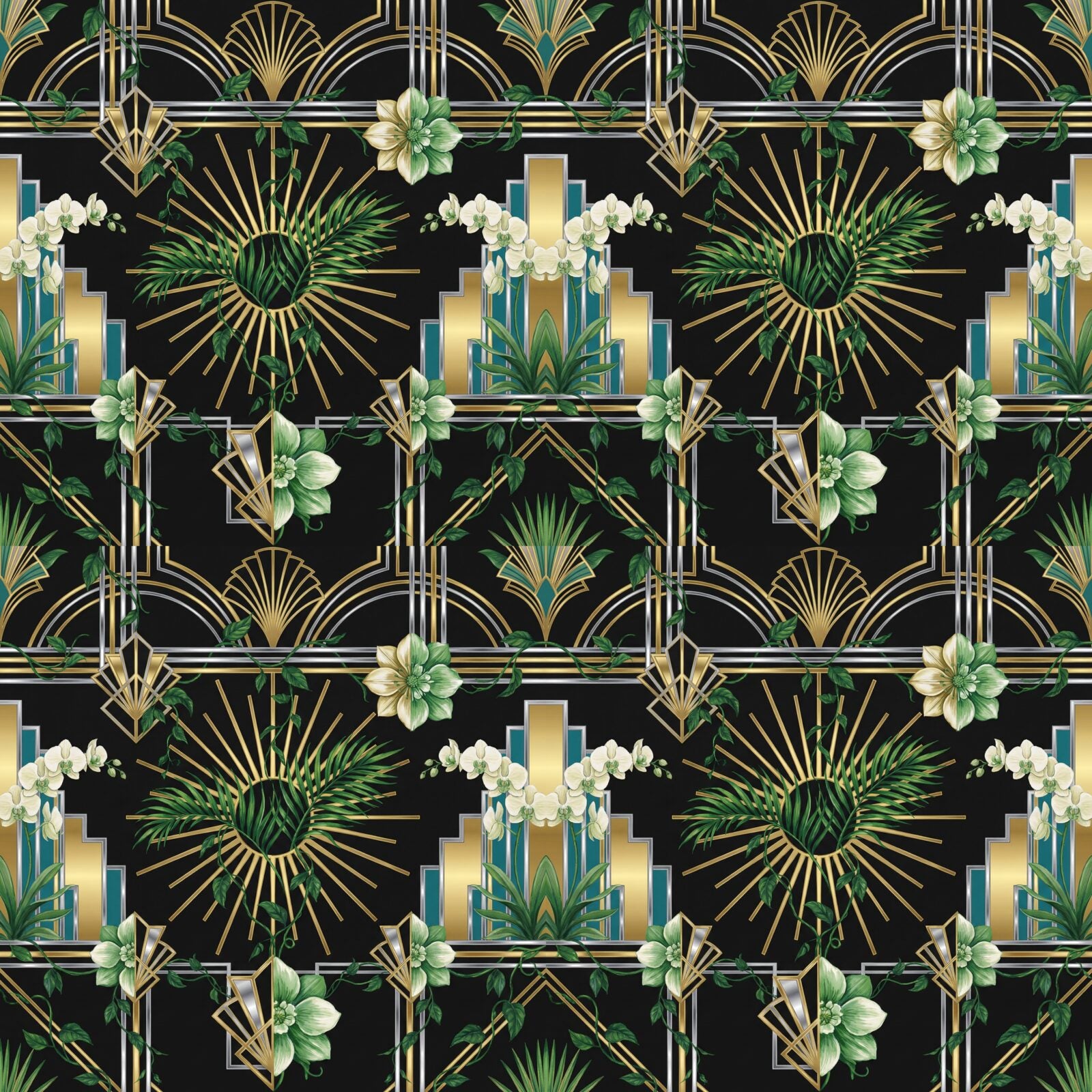 Experience glamorous growth with Art Deco Flora, a lush botanical and geometric mural in gold, black, and teal. Made to order.