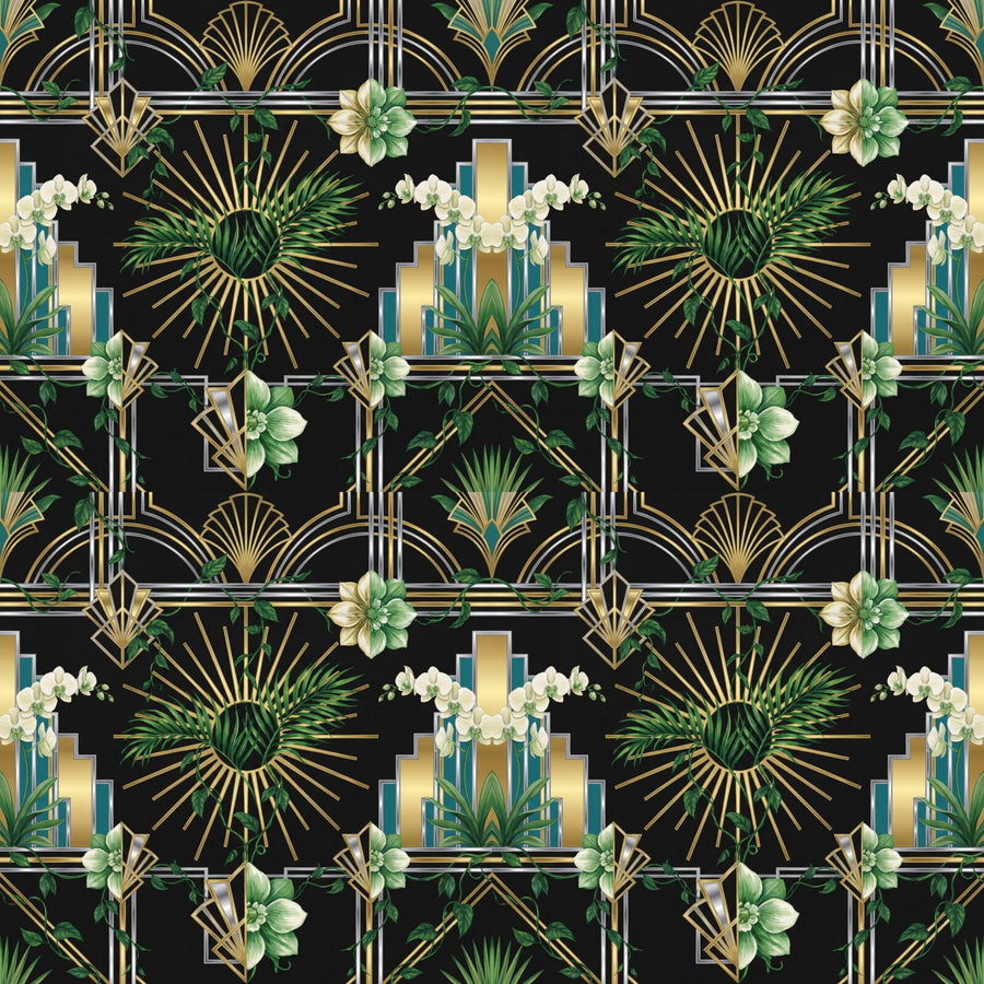 Experience glamorous growth with Art Deco Flora, a lush botanical and geometric mural in gold, black, and teal. Made to order.