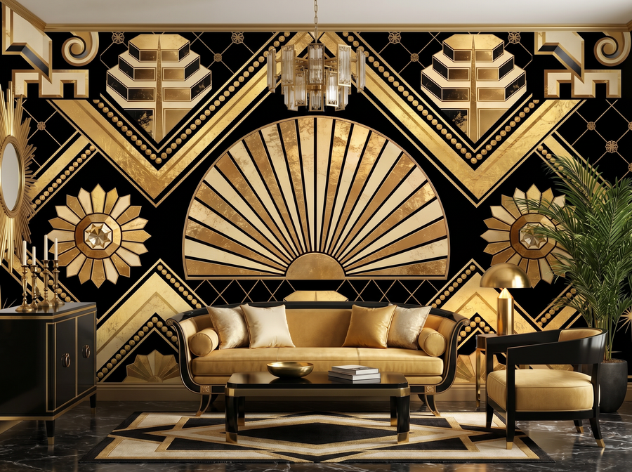 Jazz Age Gold scenic wallpaper mural on the feature wall of an Art-Deco dining room, in a warm brown-and-taupe palette — The Wall Shawl.