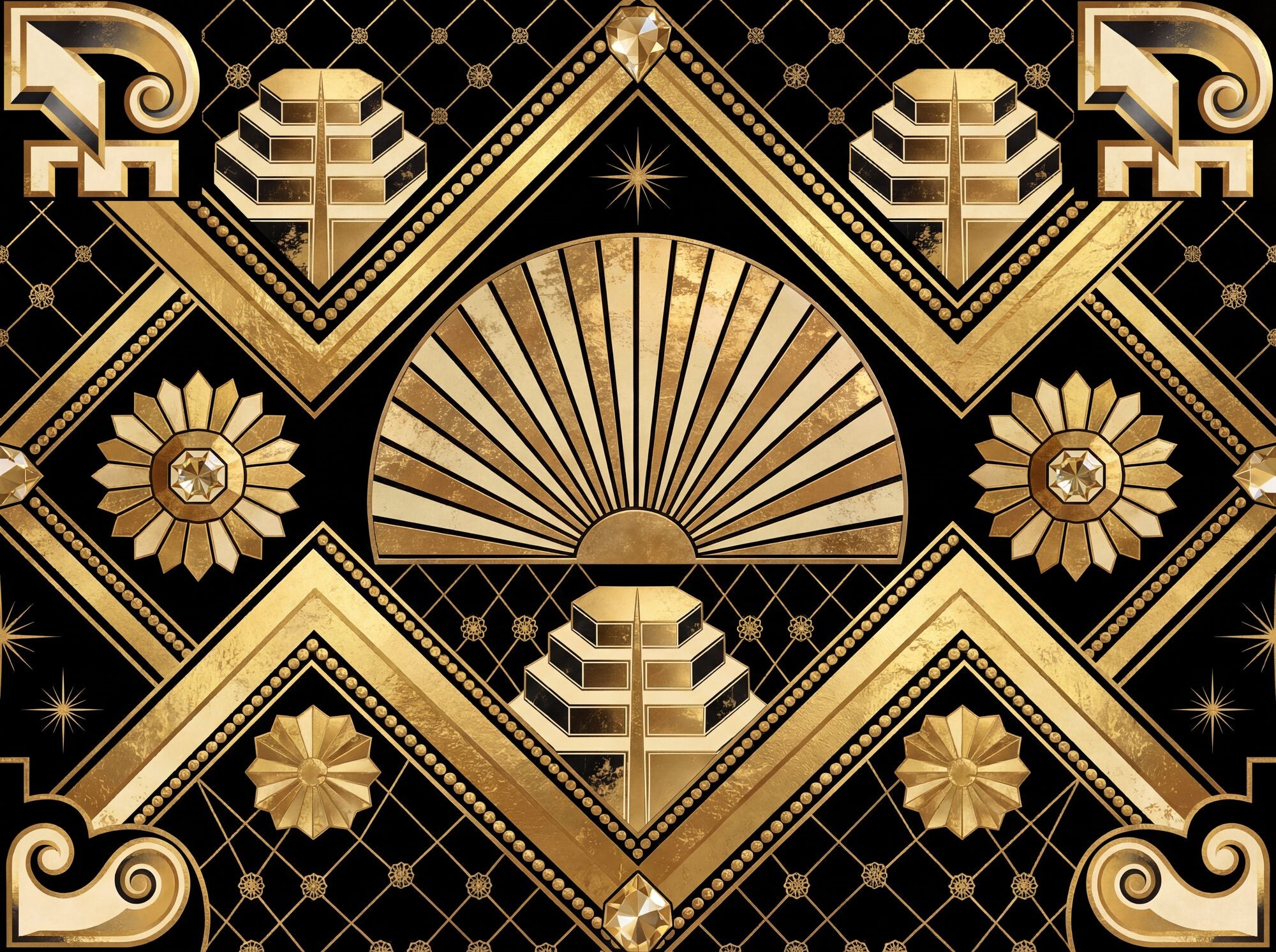 Art Deco geometric mural wallpaper with gold leaf sunburst fan, stepped pyramids, chevron frames, diamond lattice, geometric sunflowers and faceted jewel forms on a deep obsidian ground