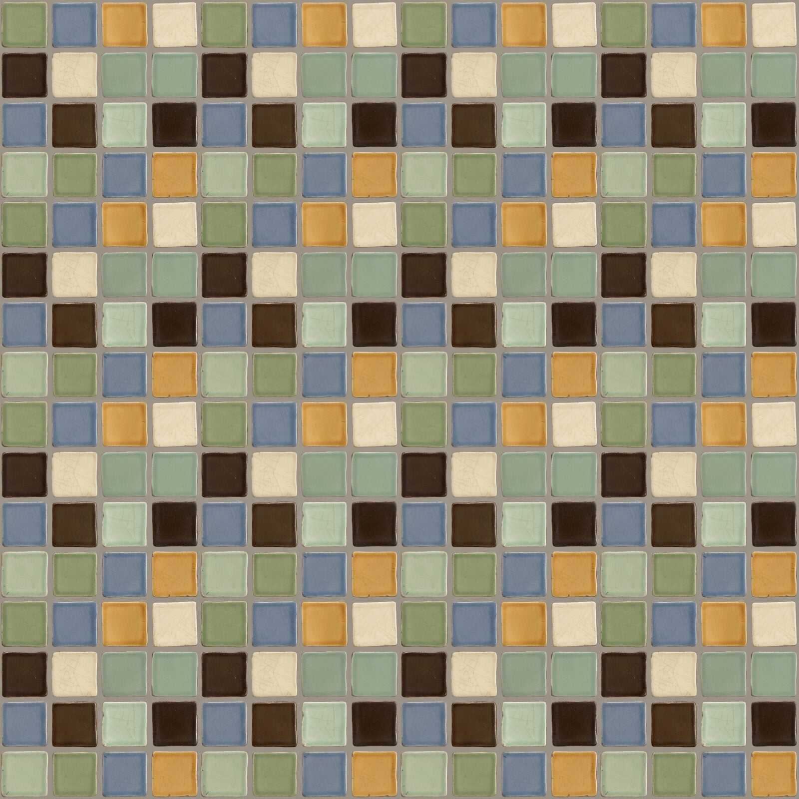 Immerse yourself in the quiet beauty of an Arts & Crafts geometric tile mural. Sage green, dusty blue, amber, cream. Made to order.