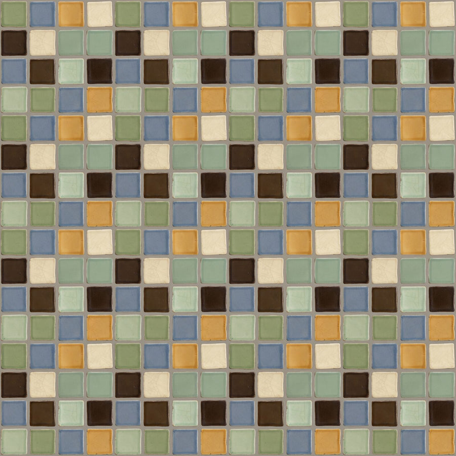 Immerse yourself in the quiet beauty of an Arts & Crafts geometric tile mural. Sage green, dusty blue, amber, cream. Made to order.