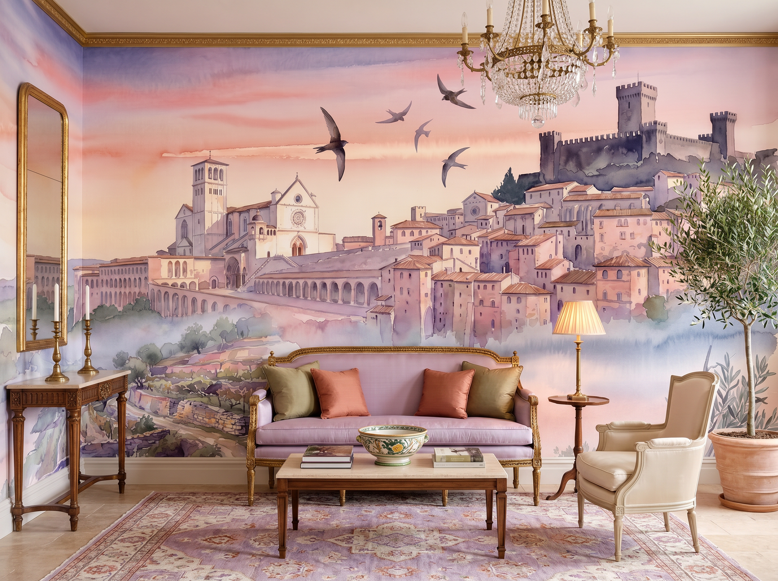 Assisi at Dawn scenic wallpaper mural on the feature wall of a Mediterranean bedroom, in a soft grey palette — The Wall Shawl.