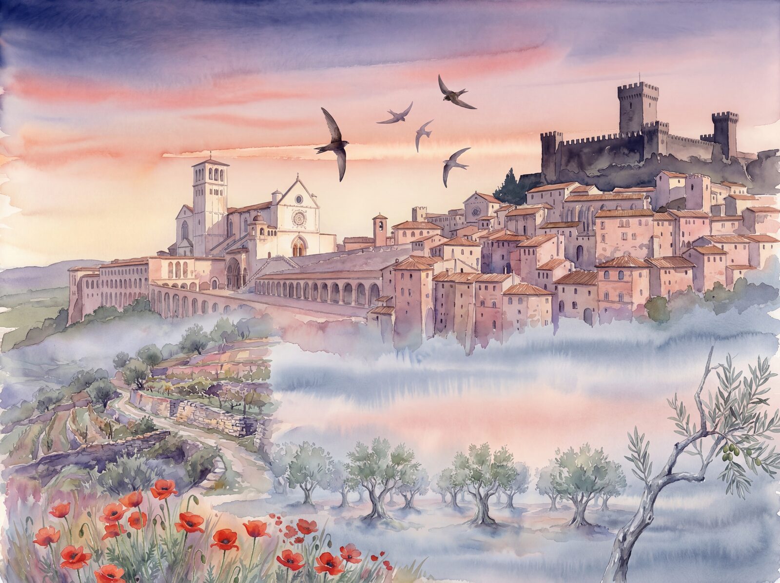 Scenic mural wallpaper in rose, violet, and blue hues. Made to order.