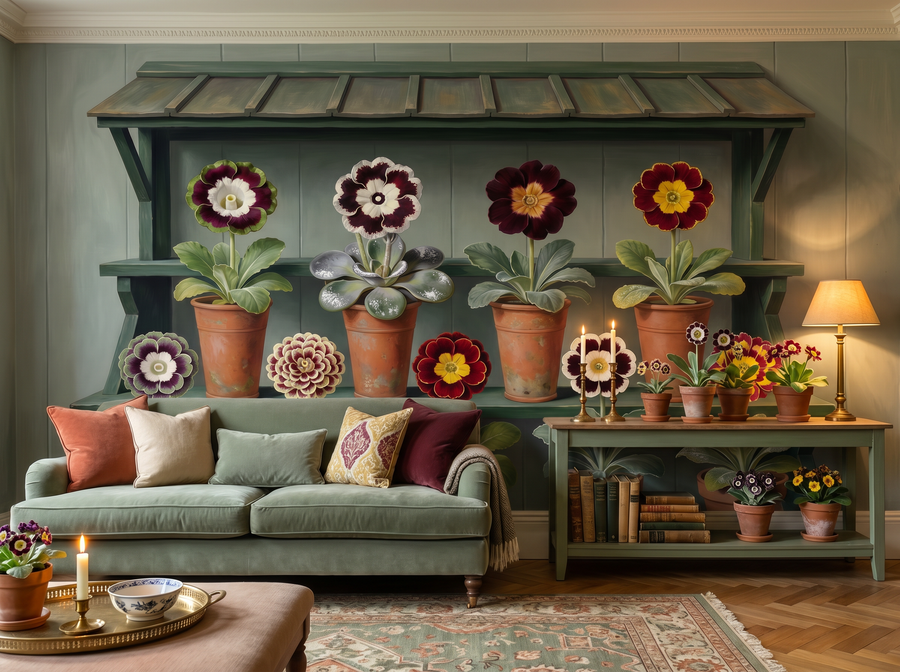 Auricula Theatre scenic wallpaper mural on the feature wall of an English-country cloakroom, in a verdant green palette — The Wall Shawl.