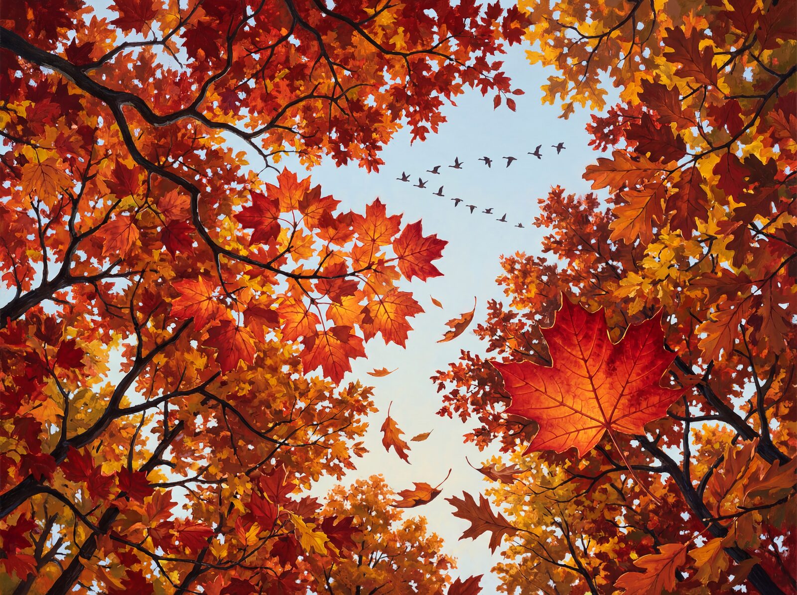 Vibrant autumn mural with scarlet, orange, copper, and gold hues. Made to order.