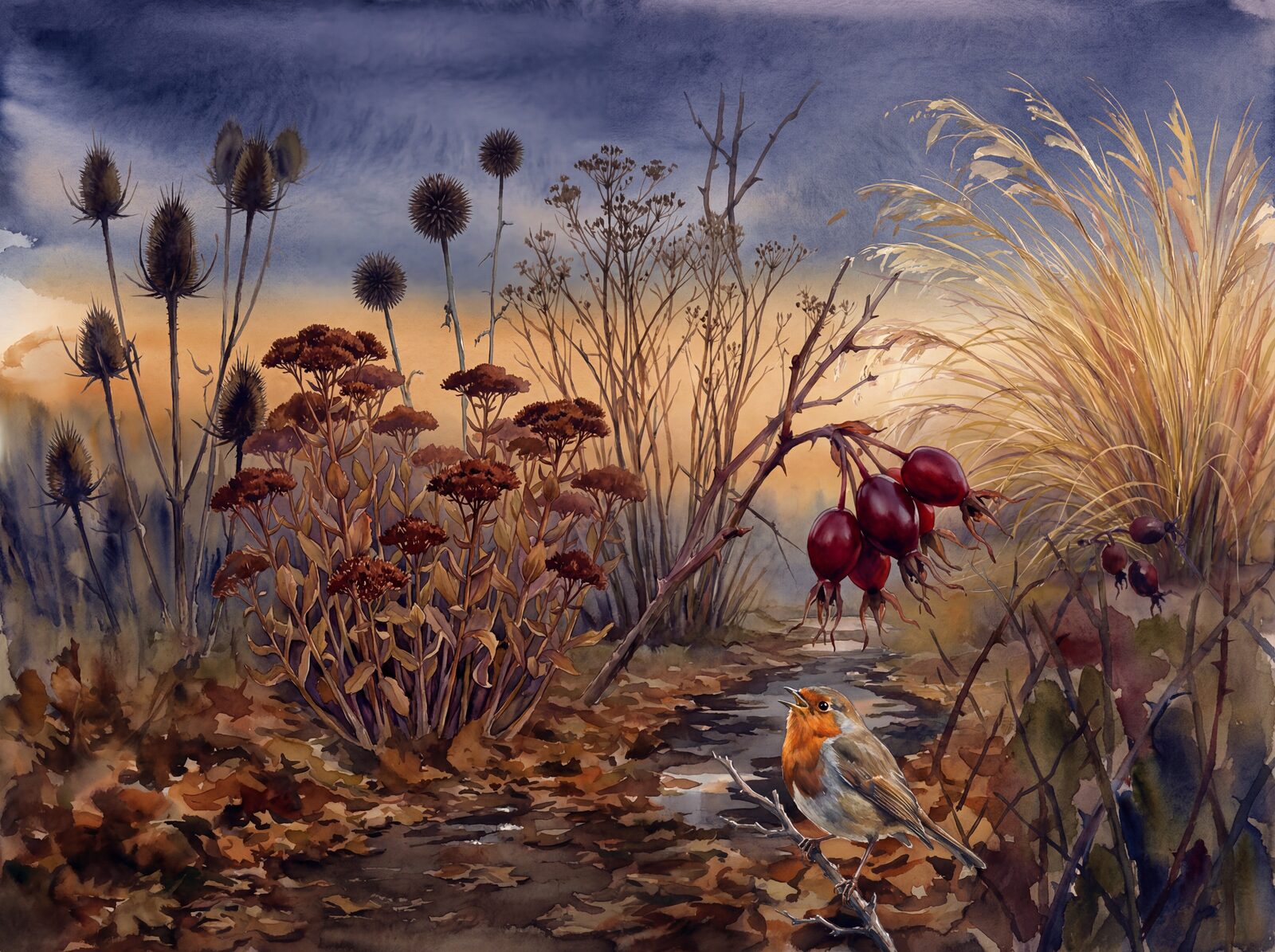 Scenic mural wallpaper in Dusk Earth, Russet Fade, and Amber Ochre hues. Made to order.