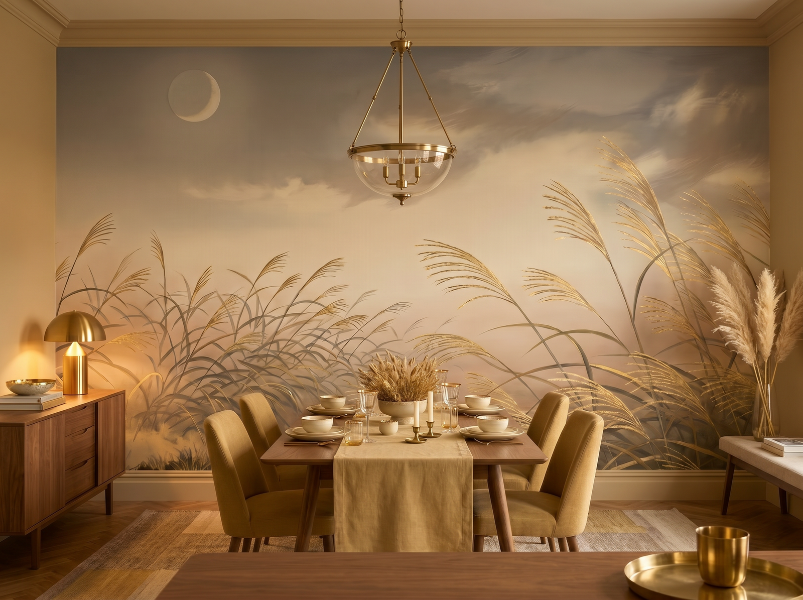 Autumn Grass scenic wallpaper mural on the feature wall of an English-country living room, in a golden yellow-and-ochre palette — The Wall Shawl.