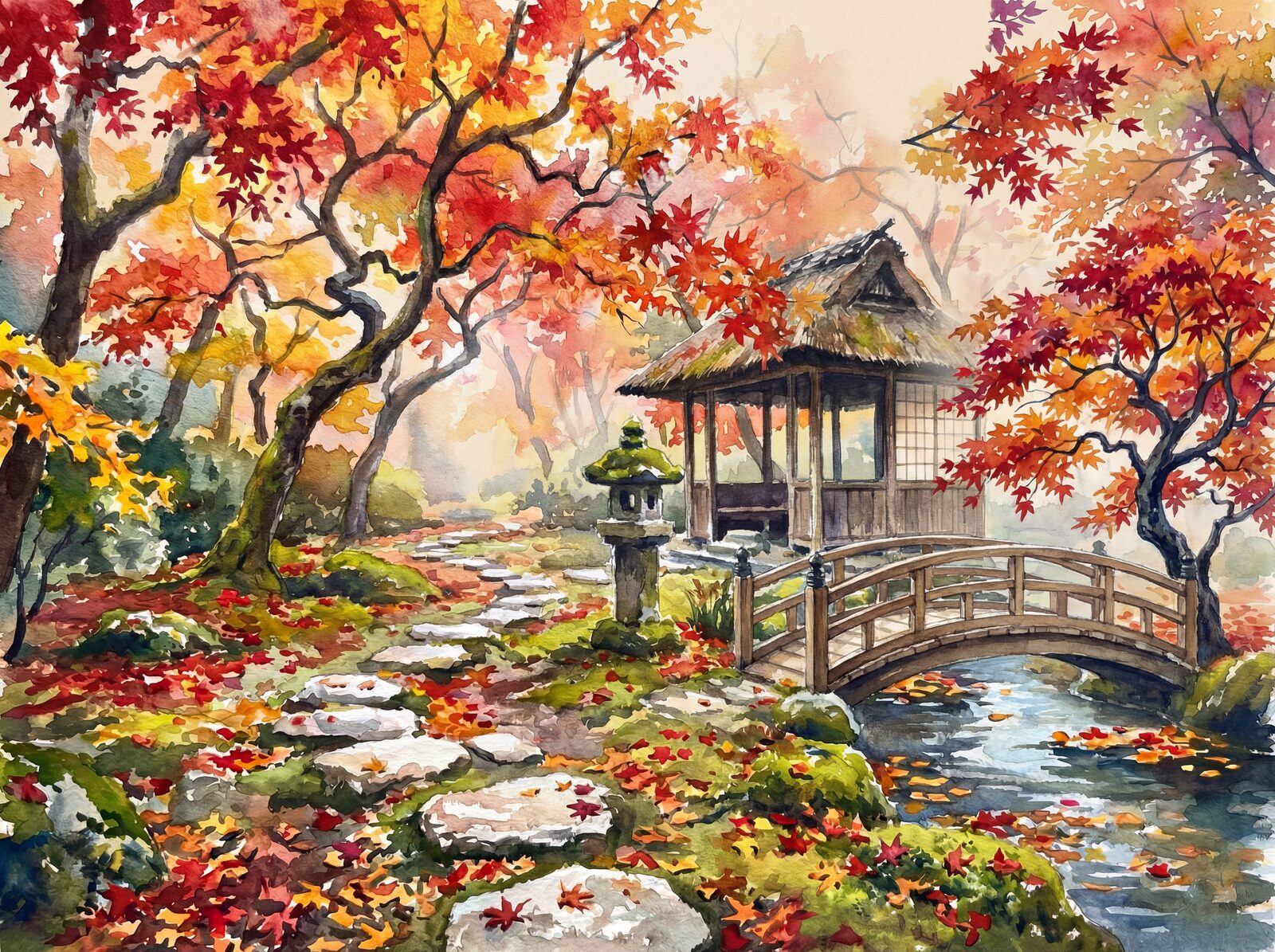 Chinoiserie scenic wallpaper in Maple Crimson, Amber Gold, and Moss Emerald. Made to order.