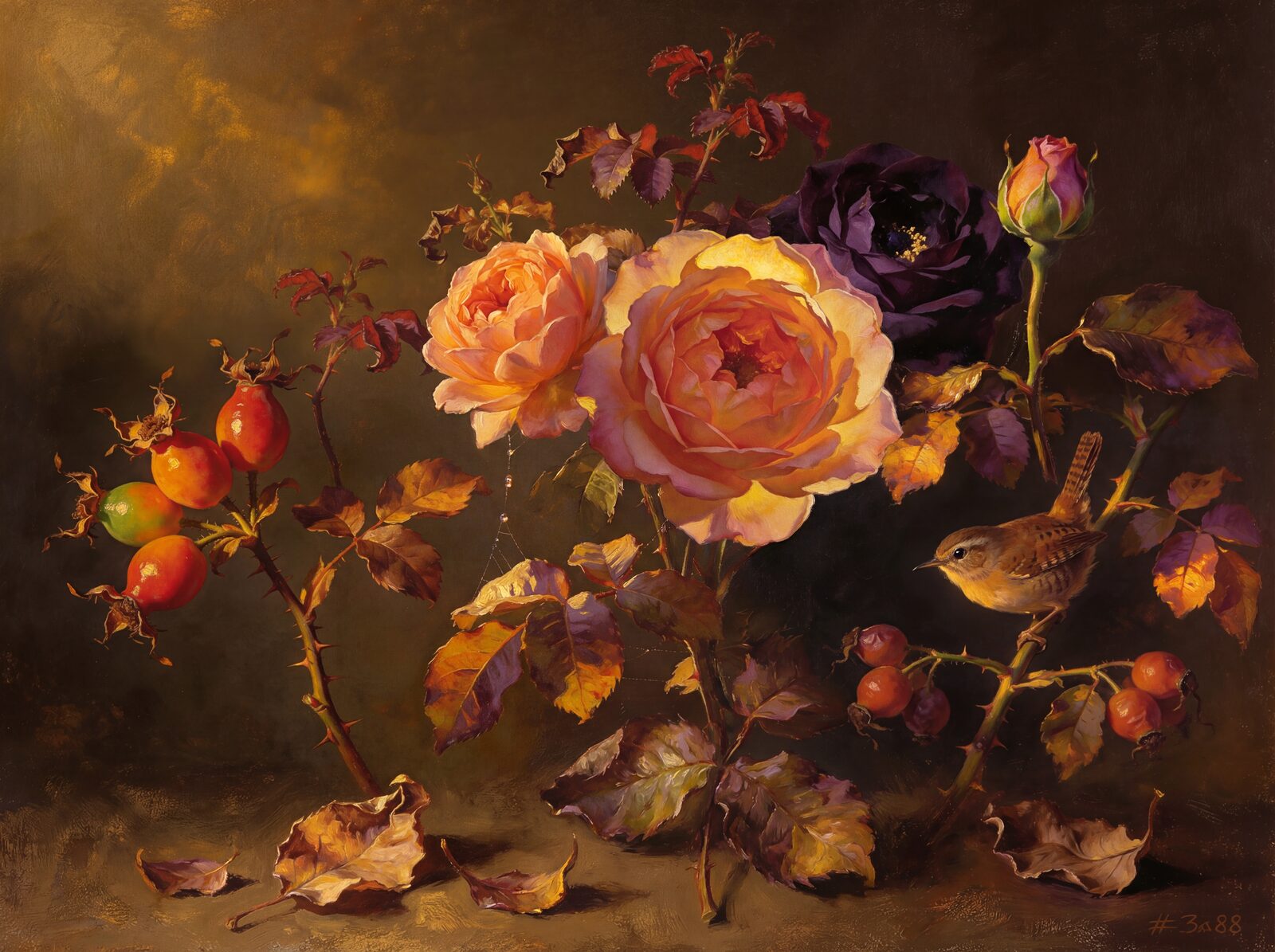 Experience the rich, contemplative beauty of an autumn rose garden. Deep umber, amber rose, and plum hues. Made to order.