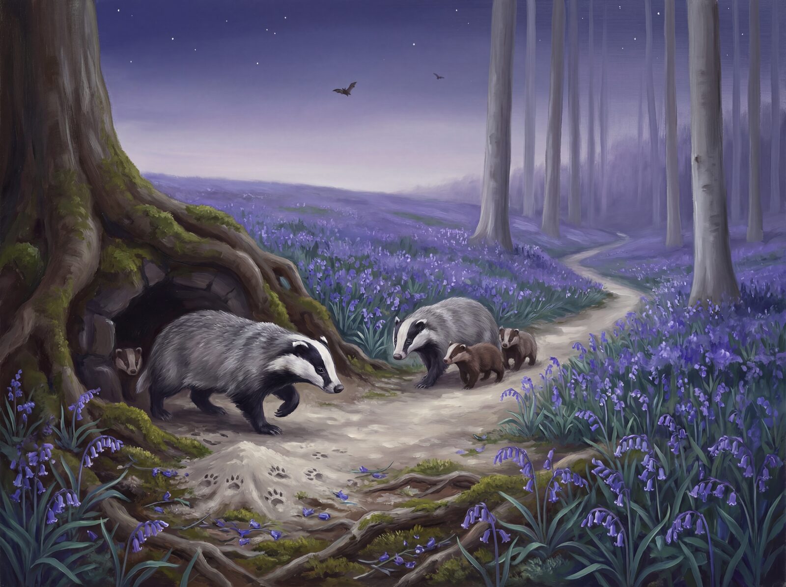 Scenic mural wallpaper in twilight indigo, bluebell dusk, and beech dark hues. Made to order.
