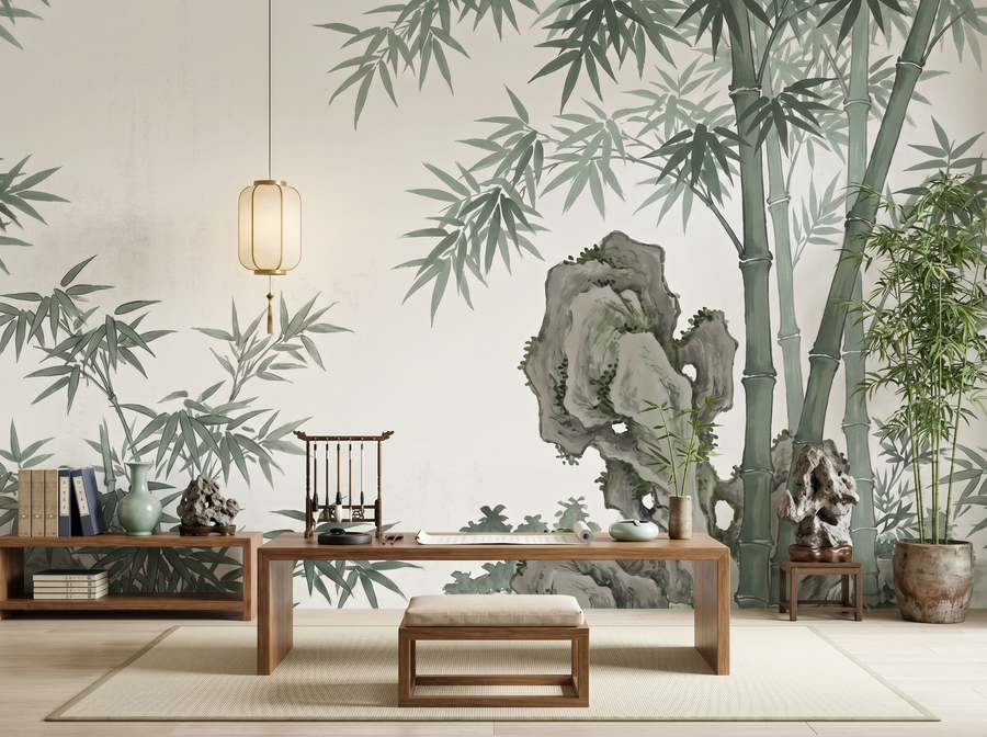Bamboo and Stone — Chinoiserie Scenic Wallpaper Mural scenic wallpaper mural on the feature wall of a chinoiserie living room, in a verdant green palette — The Wall Shawl.