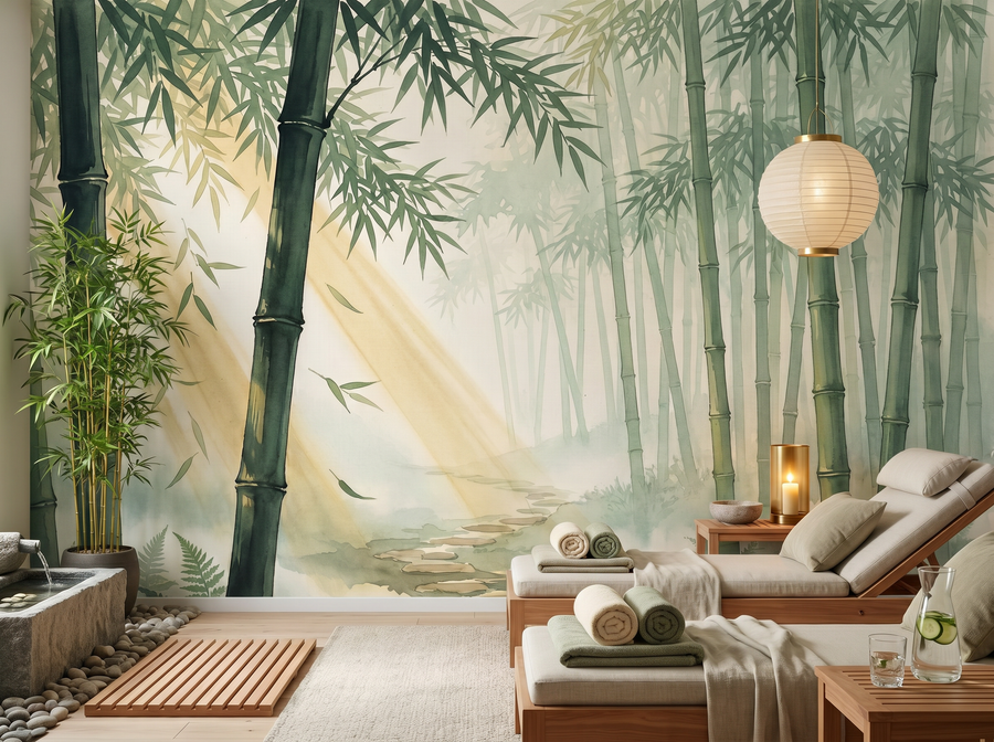 Bamboo Forest scenic wallpaper mural on the feature wall of a chinoiserie living room, in a verdant green palette — The Wall Shawl.