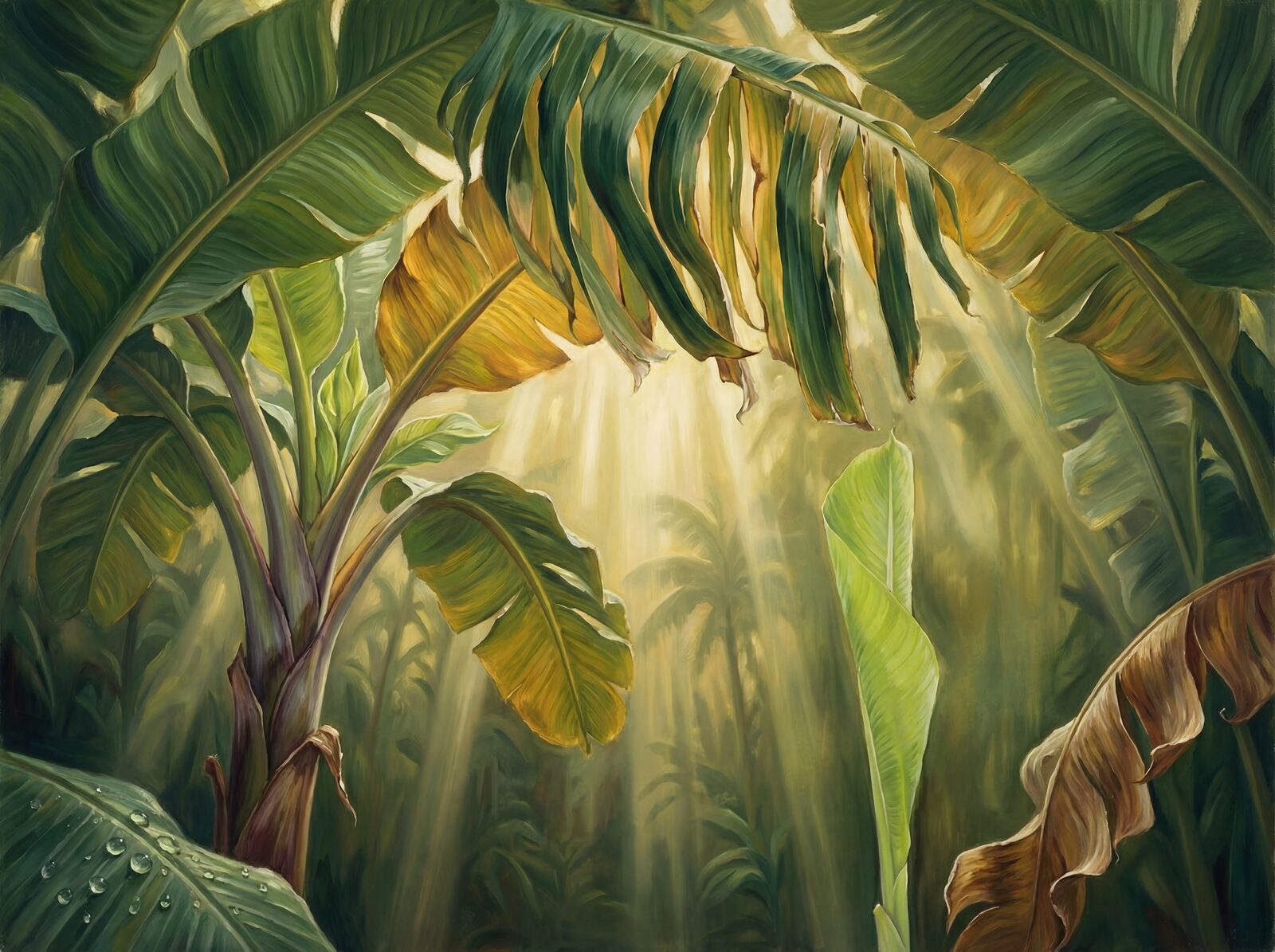 Tropical leaf mural with Canopy Green, Midrib Pale, and Translucent Gold. Made to order.