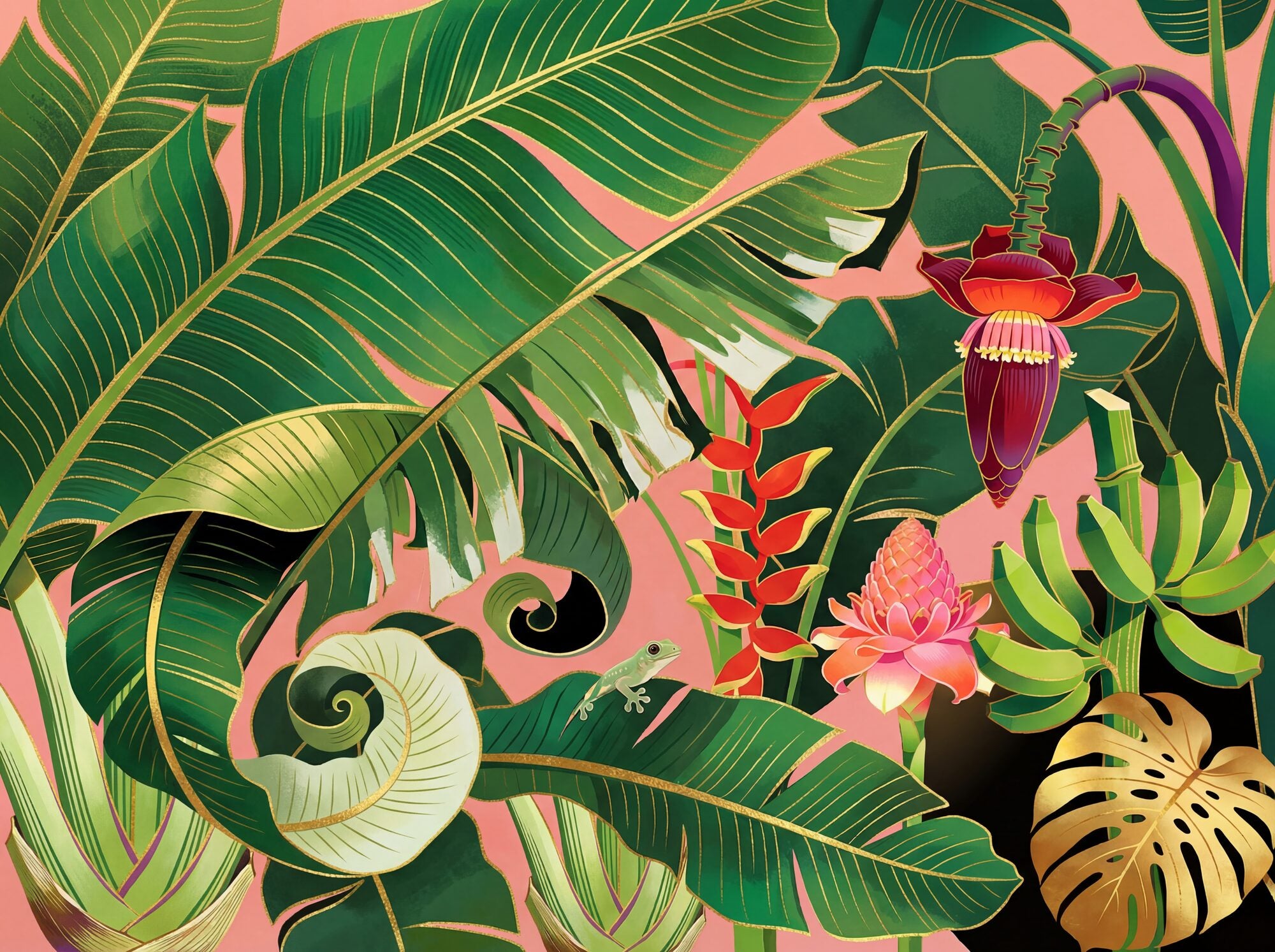 Banana leaf mural wallpaper: large gold-veined emerald banana leaves cascading across a warm blush-pink ground, with heliconia, banana flower, gold-veined monstera and a small sage gecko hidden on a curling leaf underside