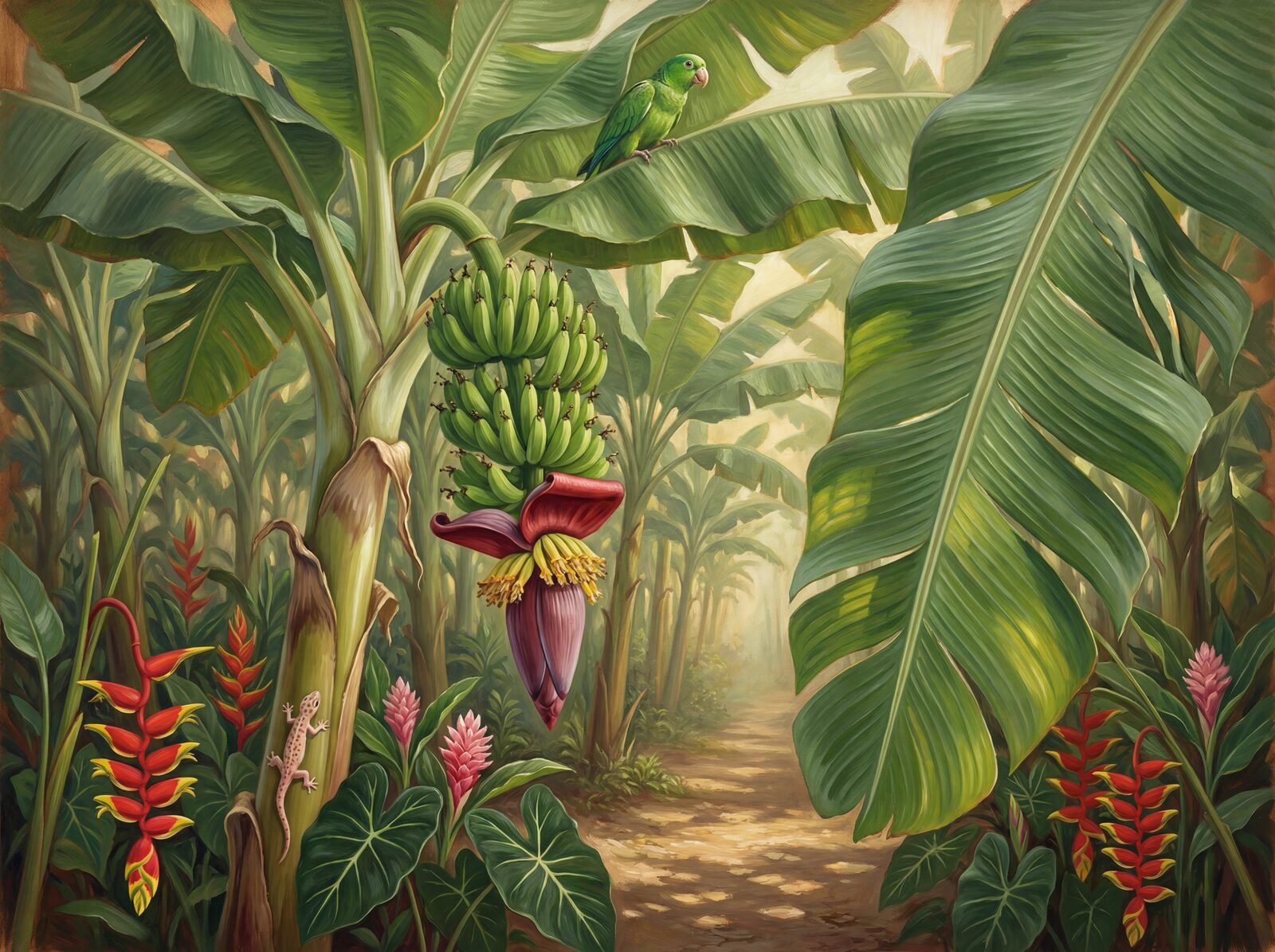 Vibrant banana plantation scene with Leaf Green, New Leaf, and Bract Purple hues. Made to order.