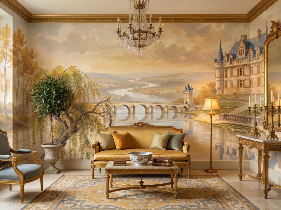 Banks of the Loire scenic wallpaper mural on the feature wall of a French-country dining room, in a soft grey palette — The Wall Shawl.