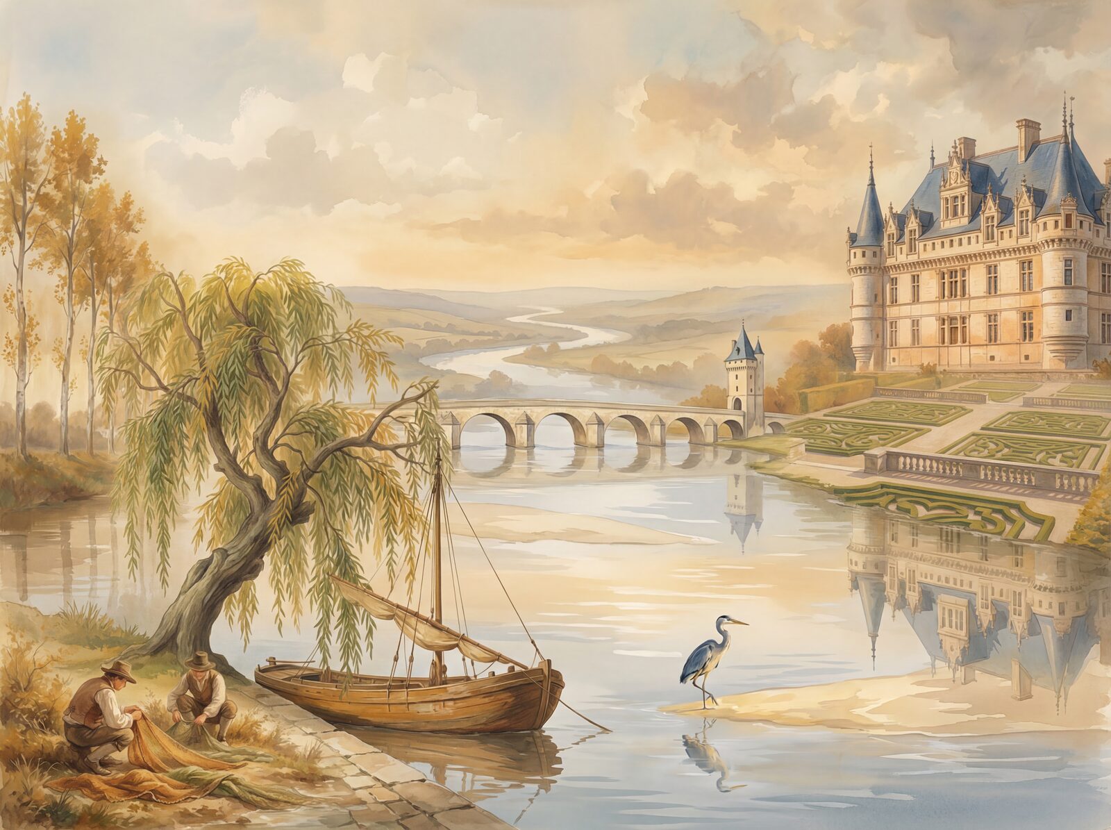 Serene scenic mural with Tuffeau White, Loire Gold, and Willow Green hues. Made to order.