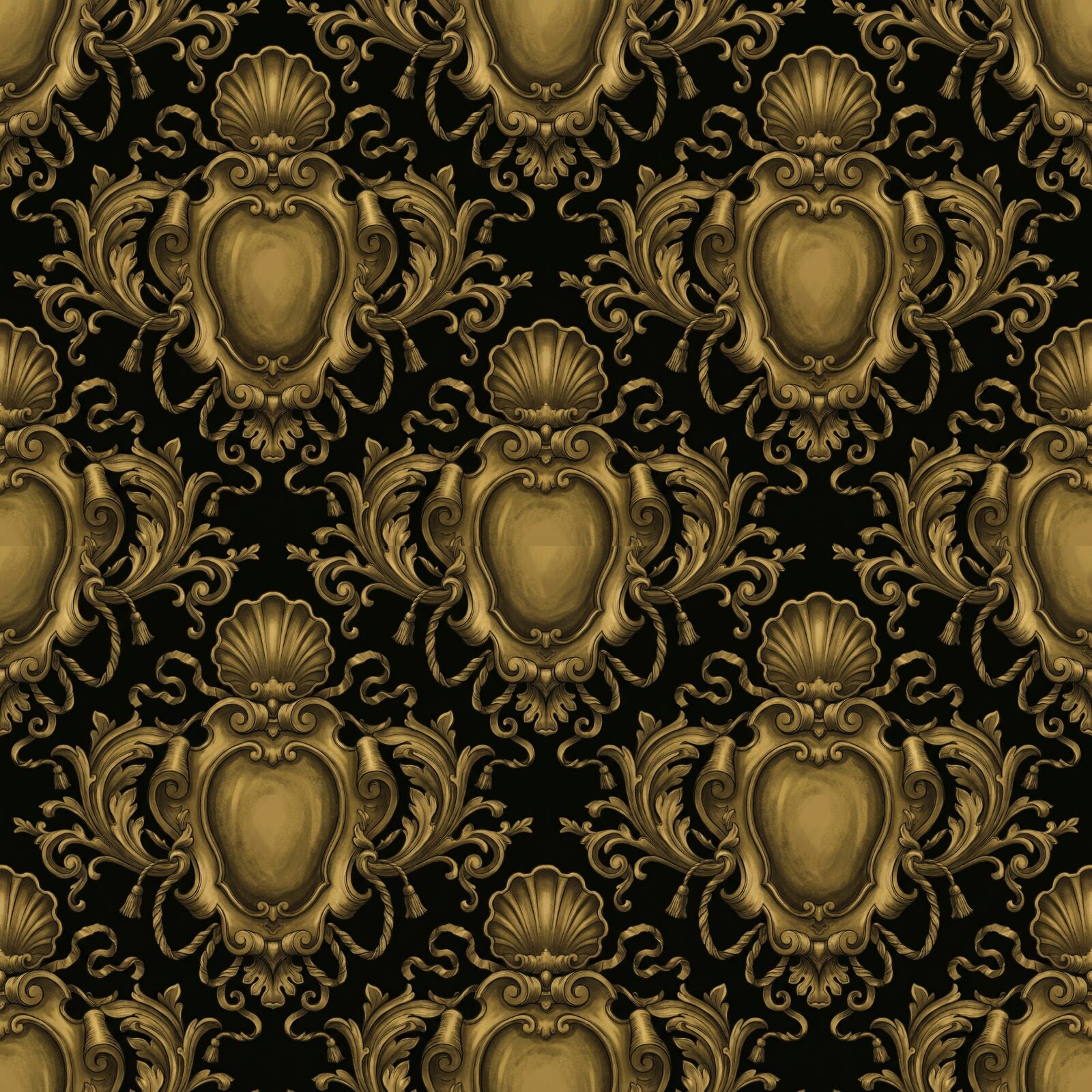 Immerse yourself in opulent dark gold Baroque scrollwork on a near-black ground. A dramatic statement for grand interiors. Made to order.
