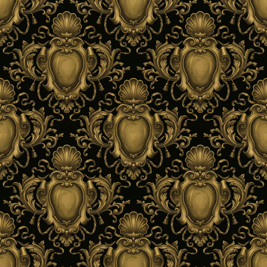 Immerse yourself in opulent dark gold Baroque scrollwork on a near-black ground. A dramatic statement for grand interiors. Made to order.