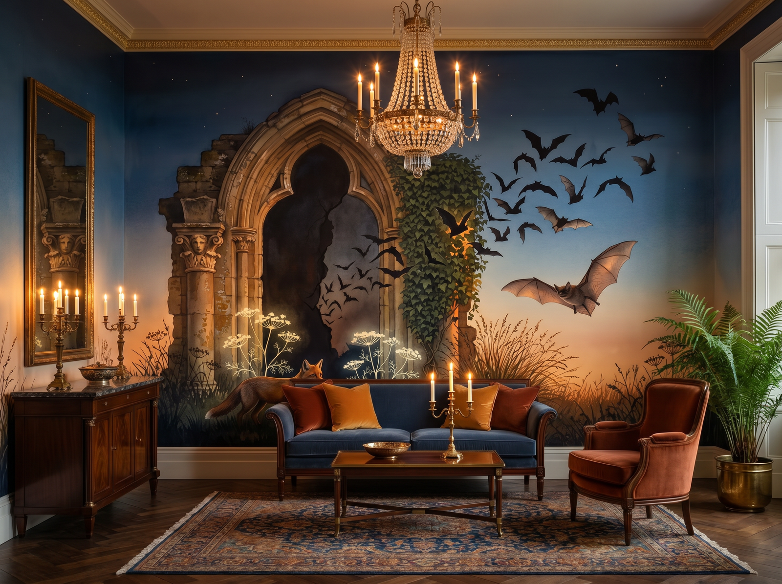 Bat Flight scenic wallpaper mural on the feature wall of an English-country study, in a moody black-and-charcoal palette — The Wall Shawl.