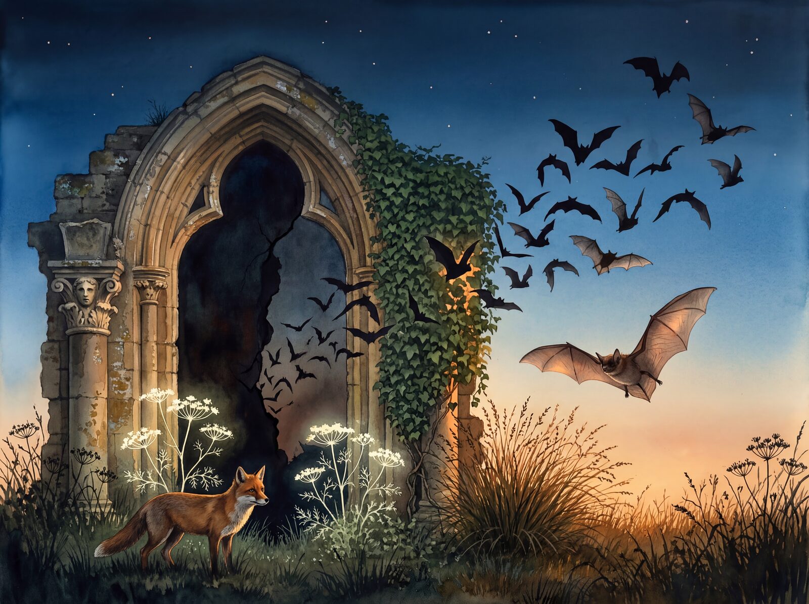 Dramatic night sky mural with bats, gothic arch, and warm colours. Palette: Night Sky, Dusk Blue, Horizon Amber. Made to order.
