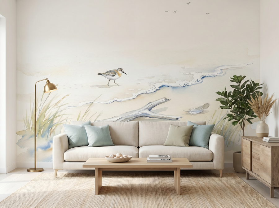 Norfolk Shore at Low Tide scenic wallpaper mural on the feature wall of a coastal bedroom, in a cool neutral palette — The Wall Shawl.
