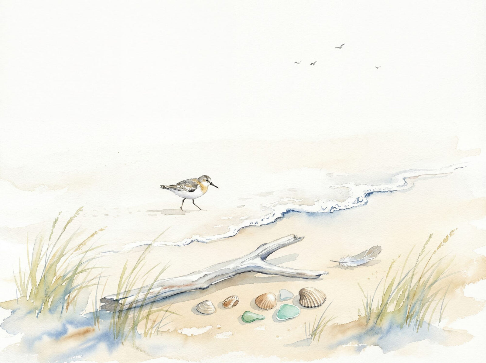 Coastal beach mural wallpaper showing a sandpiper mid-step at the water's edge, silvered driftwood, cream and fawn shells, sea glass and pale sea grass tufts on a vast warm sandy watercolour ground, distant birds in the upper sky