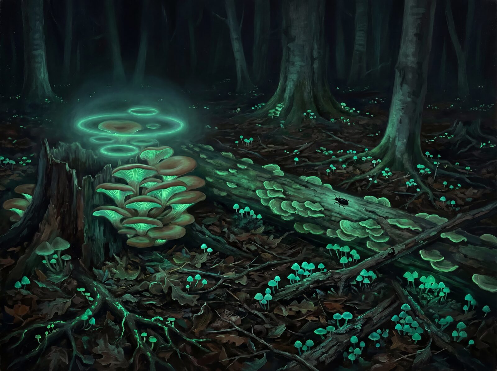 Immerse yourself in a glowing forest at night, alive with bioluminescent fungi. Featuring a unique green and blue palette. Made to order.