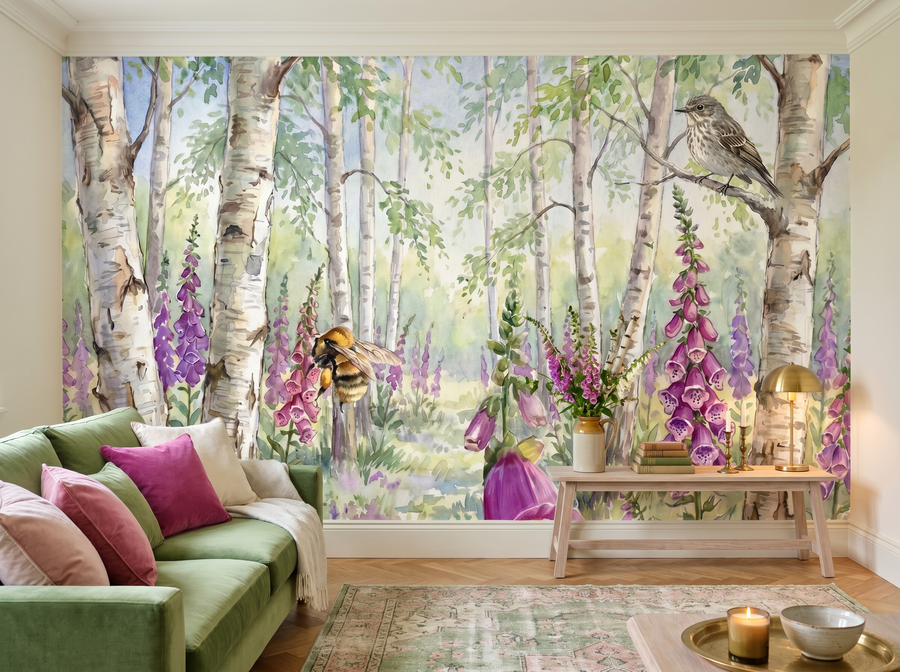 Birch and Foxglove scenic wallpaper mural on the feature wall of an English-country bedroom, in a golden yellow-and-ochre palette — The Wall Shawl.