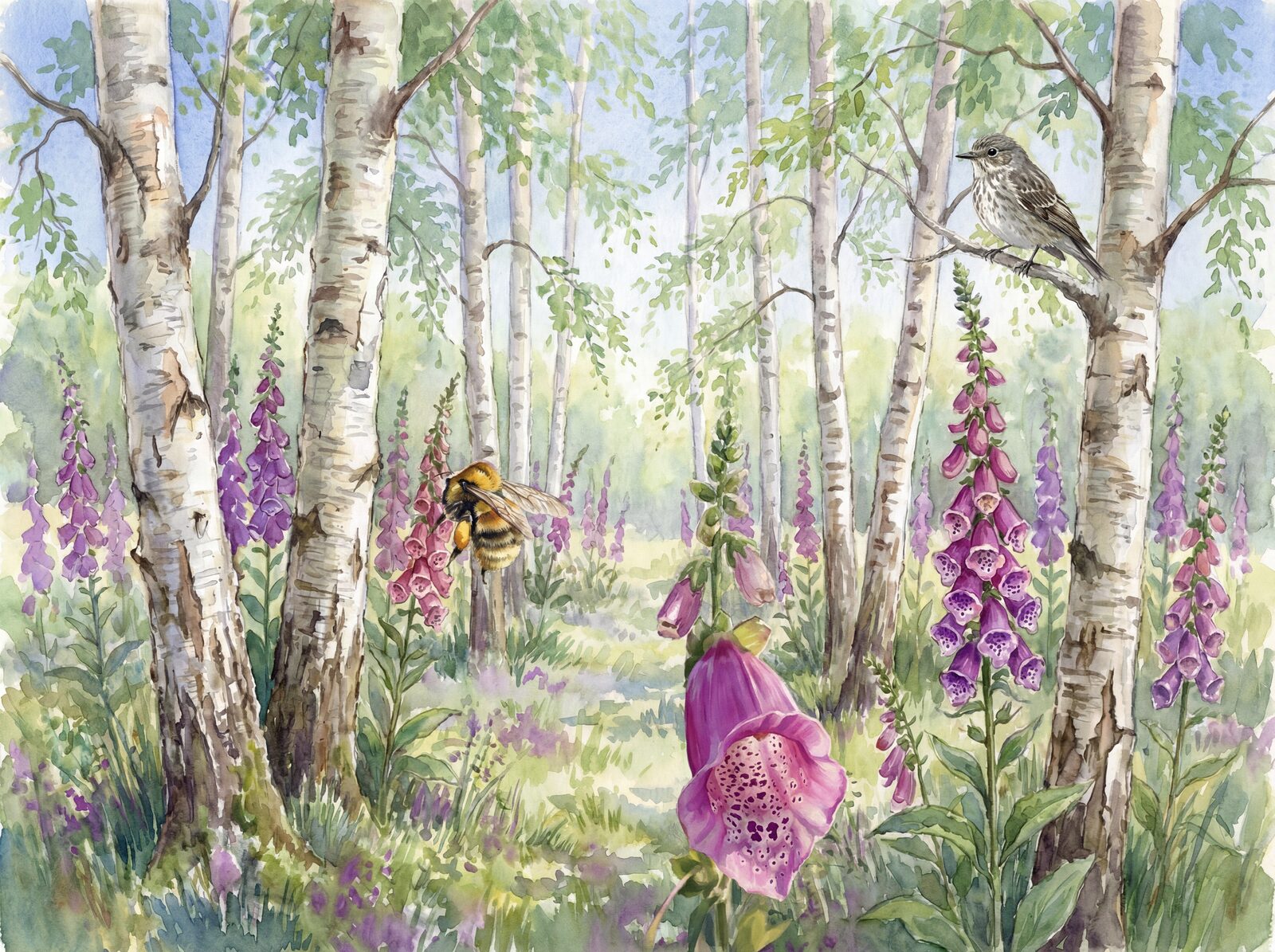 Immersive woodland scene with Foxglove Purple, Birch Bark, and Moorland Grass. Made to order.