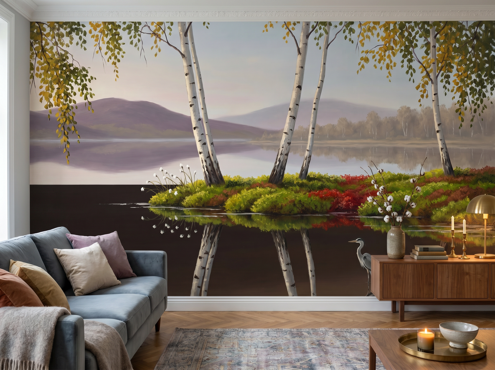 Birch at Lake scenic wallpaper mural on the feature wall of a biophilic living room, in a golden yellow-and-ochre palette — The Wall Shawl.