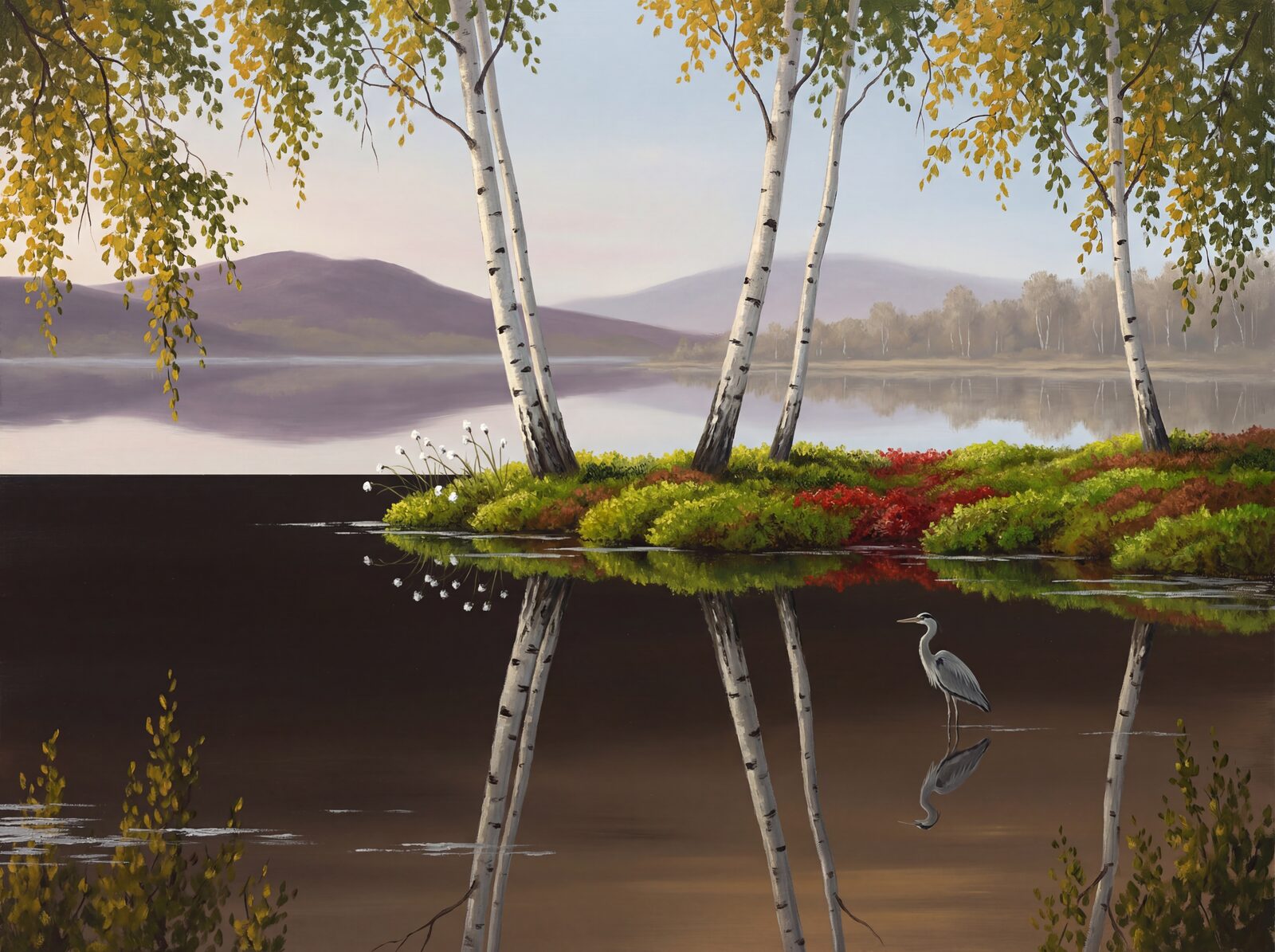 Scenic mural wallpaper featuring birch trees, lochan, and reflections in a soothing palette. Made to order.