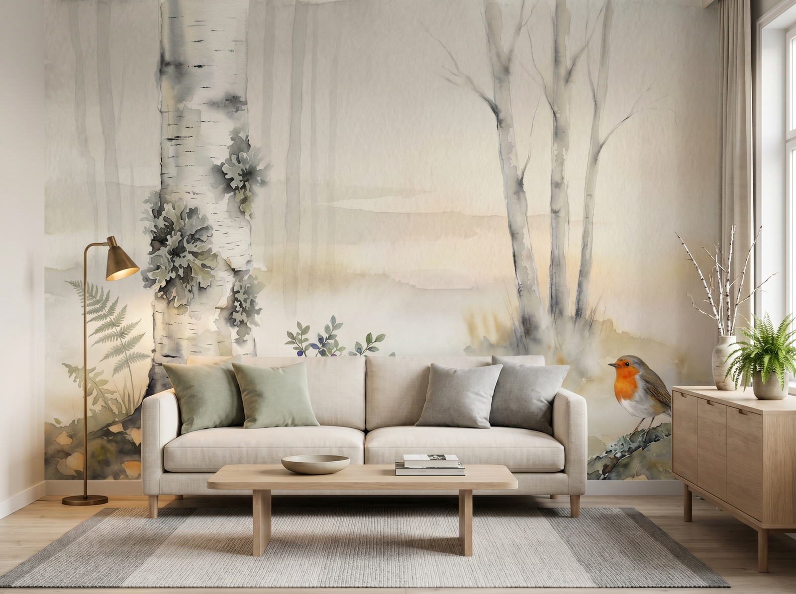 Birch Forest Fog scenic wallpaper mural on the feature wall of a biophilic bedroom, in a soft grey palette — The Wall Shawl.