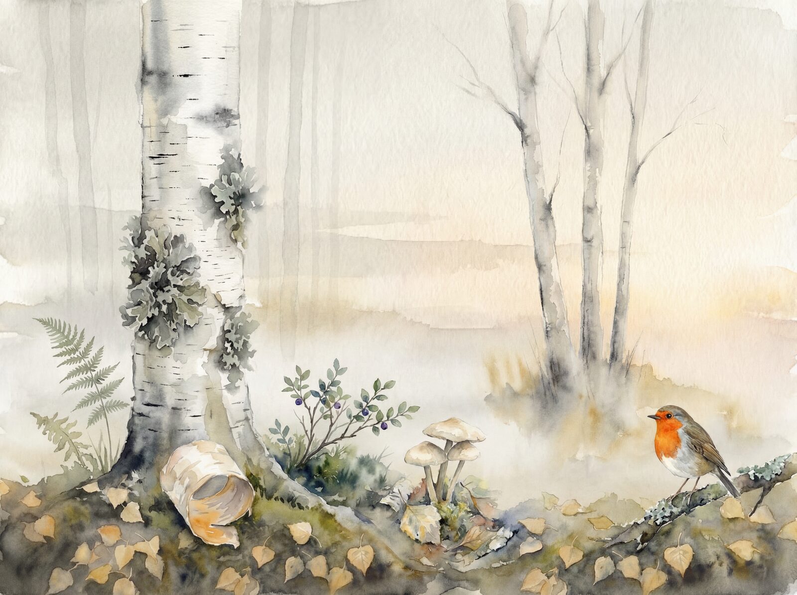 Scenic mural wallpaper featuring a Swedish birch forest in fog, with palette of whites, greys, and golds. Made to order.