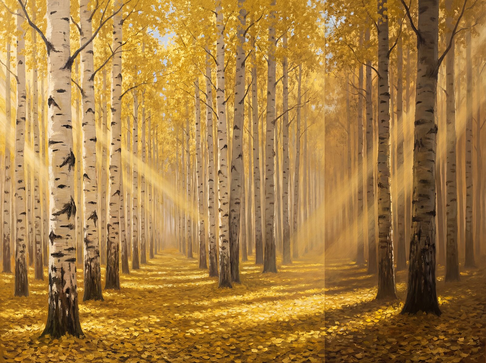 Vast birch forest mural with Trunk White, Canopy Gold, and Leaf Carpet hues. Made to order.